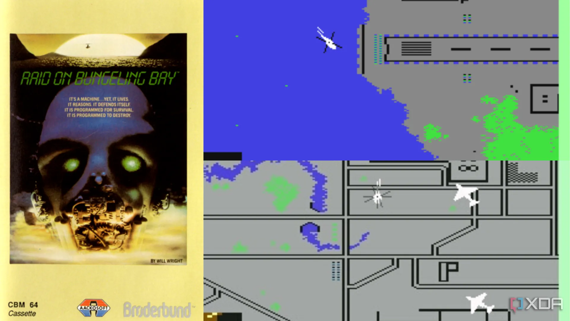 Hình ảnh gameplay và bìa game Raid on Bungeling Bay, tựa game khởi nguồn ý tưởng cho Will Wright