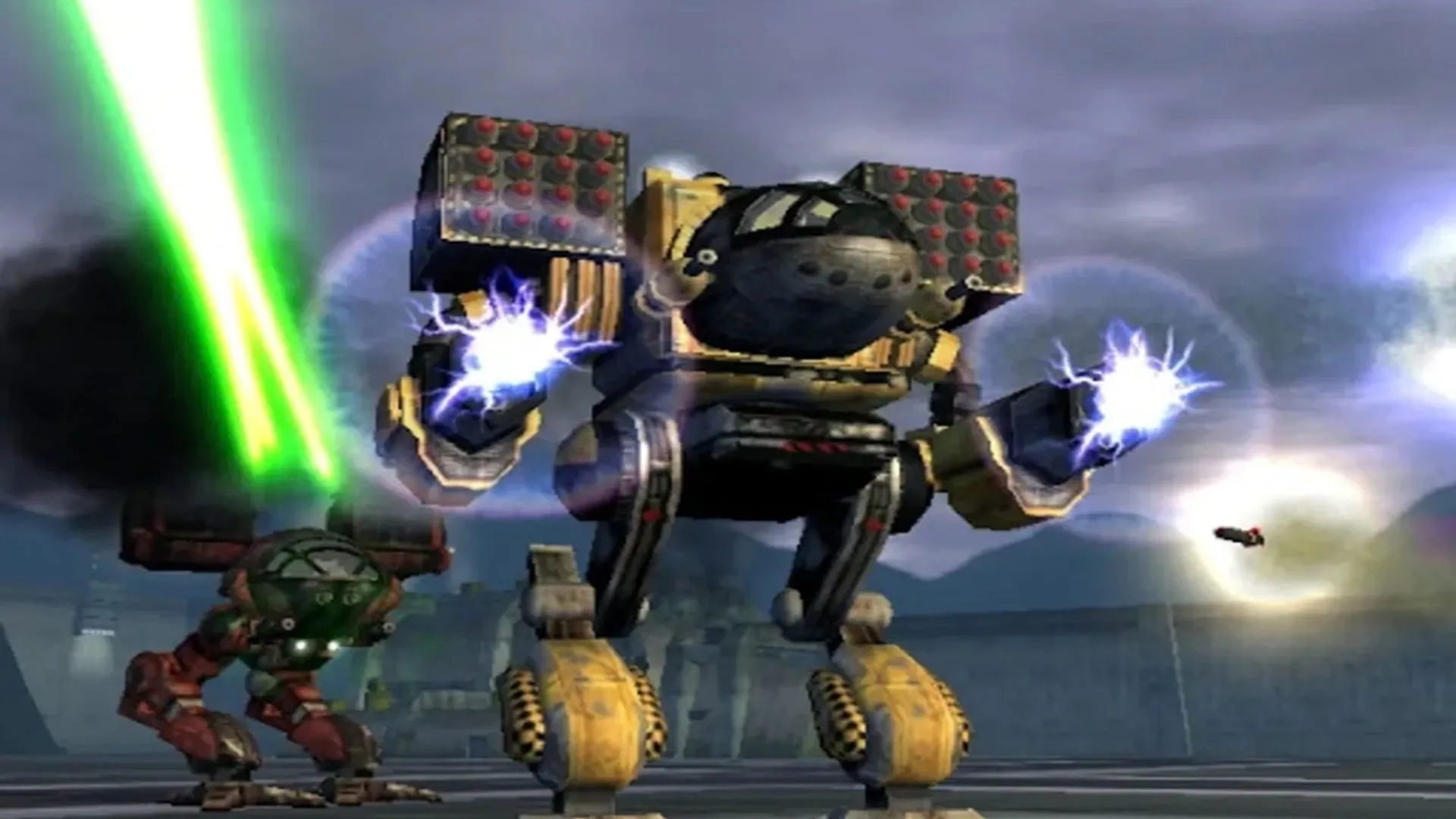 Hình ảnh hai robot chiến đấu mech trong game MechAssault đang bắn vũ khí