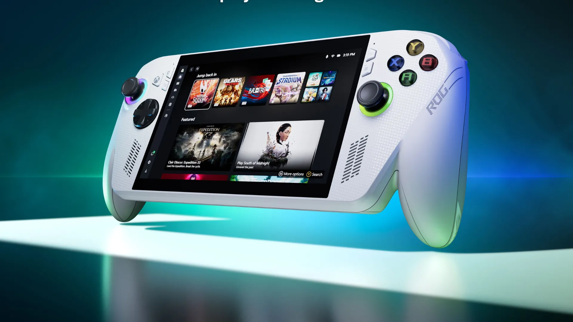 Hình ảnh máy chơi game cầm tay Xbox Ally X với thiết kế góc cạnh và nền xanh