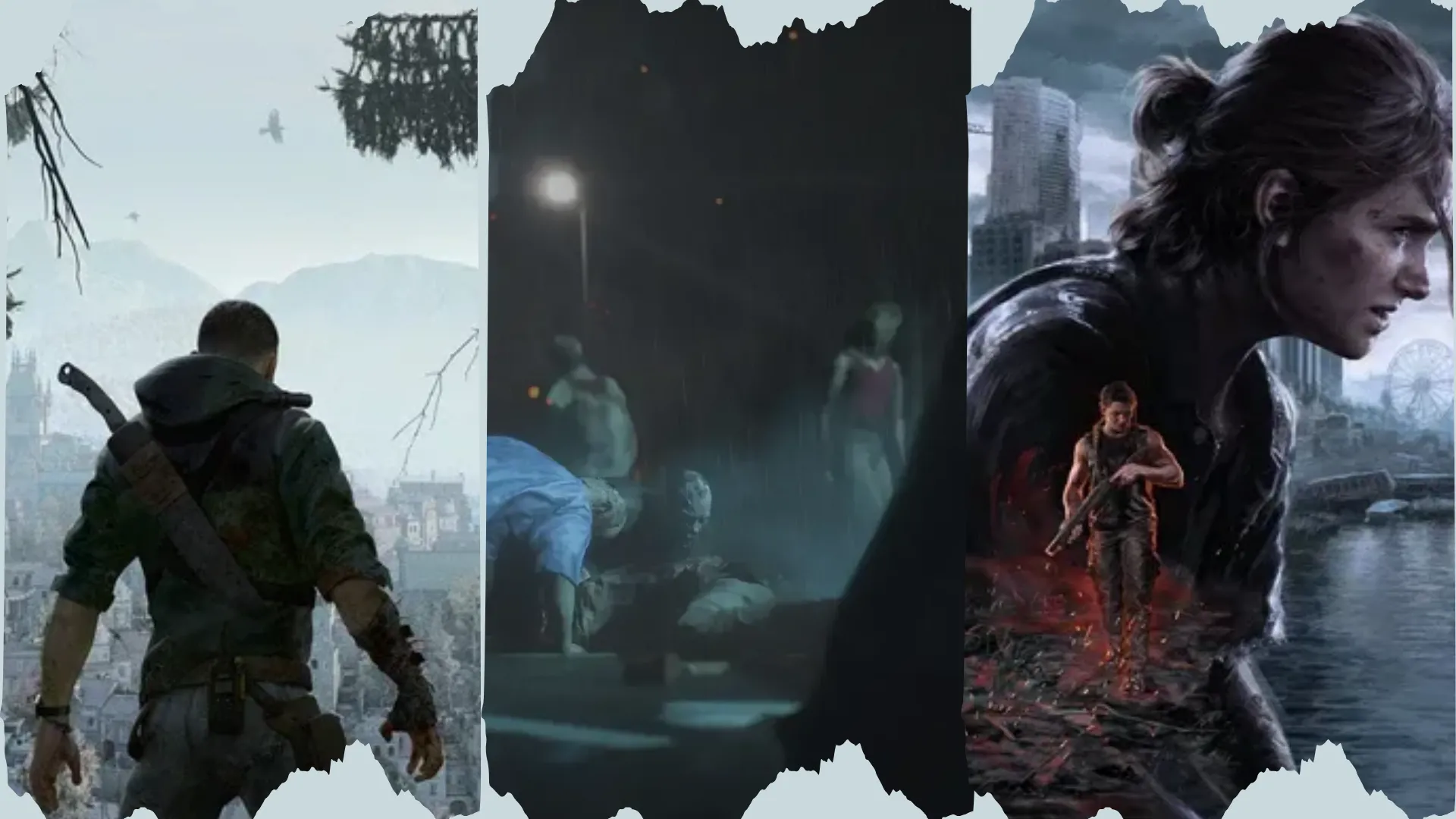 Hình ảnh minh họa các game zombie nổi tiếng, bao gồm Resident Evil 2, Dying Light và The Last of Us II