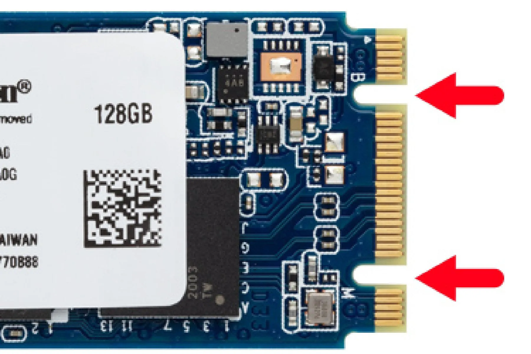 Hình ảnh minh họa ổ SSD M.2 SATA với mũi tên chỉ vào vị trí keying B hoặc B+M