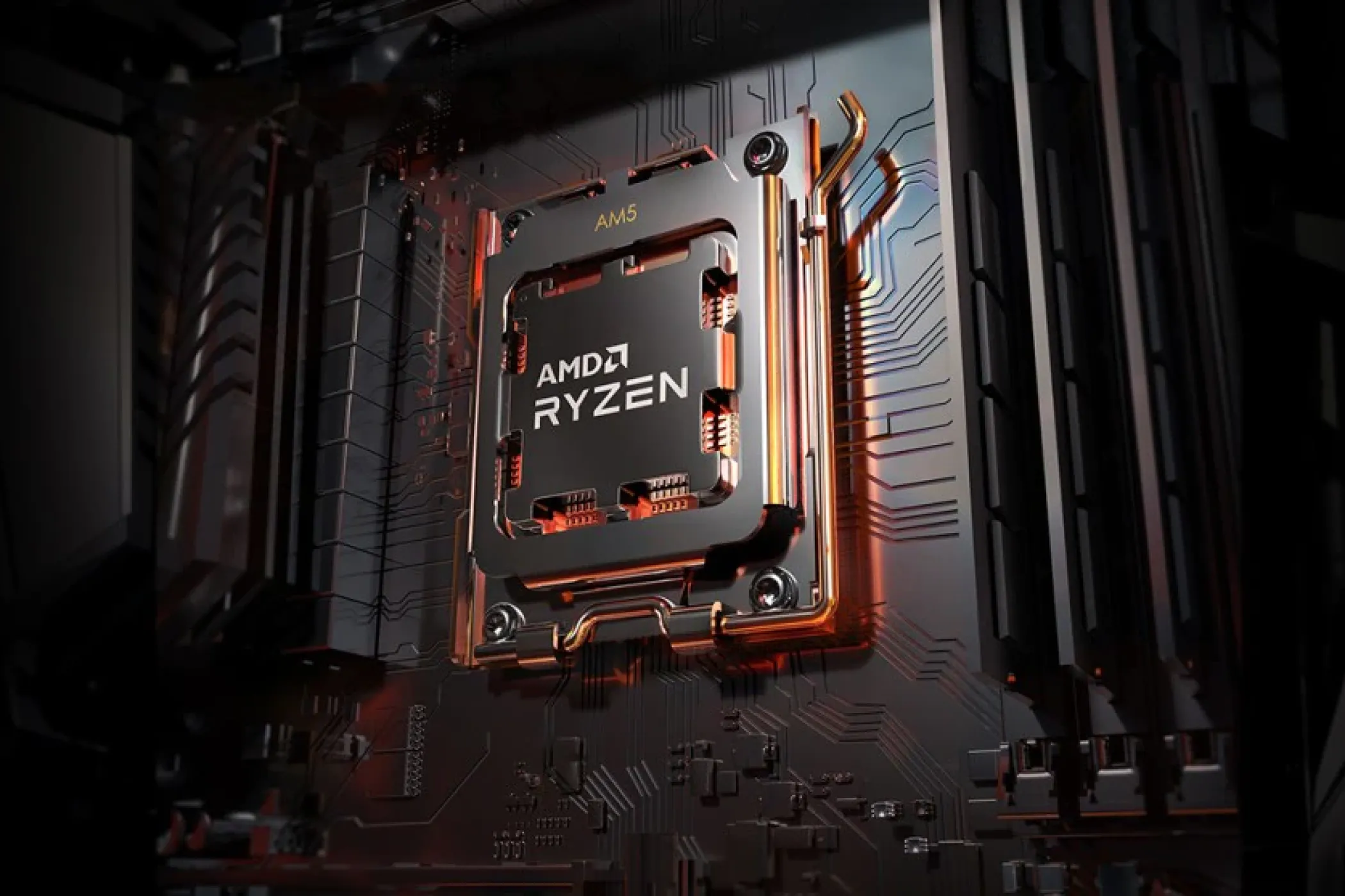 Hình ảnh mô phỏng CPU Ryzen 7000 trên bo mạch chủ AM5, thể hiện khả năng nâng cấp và tương thích lâu dài