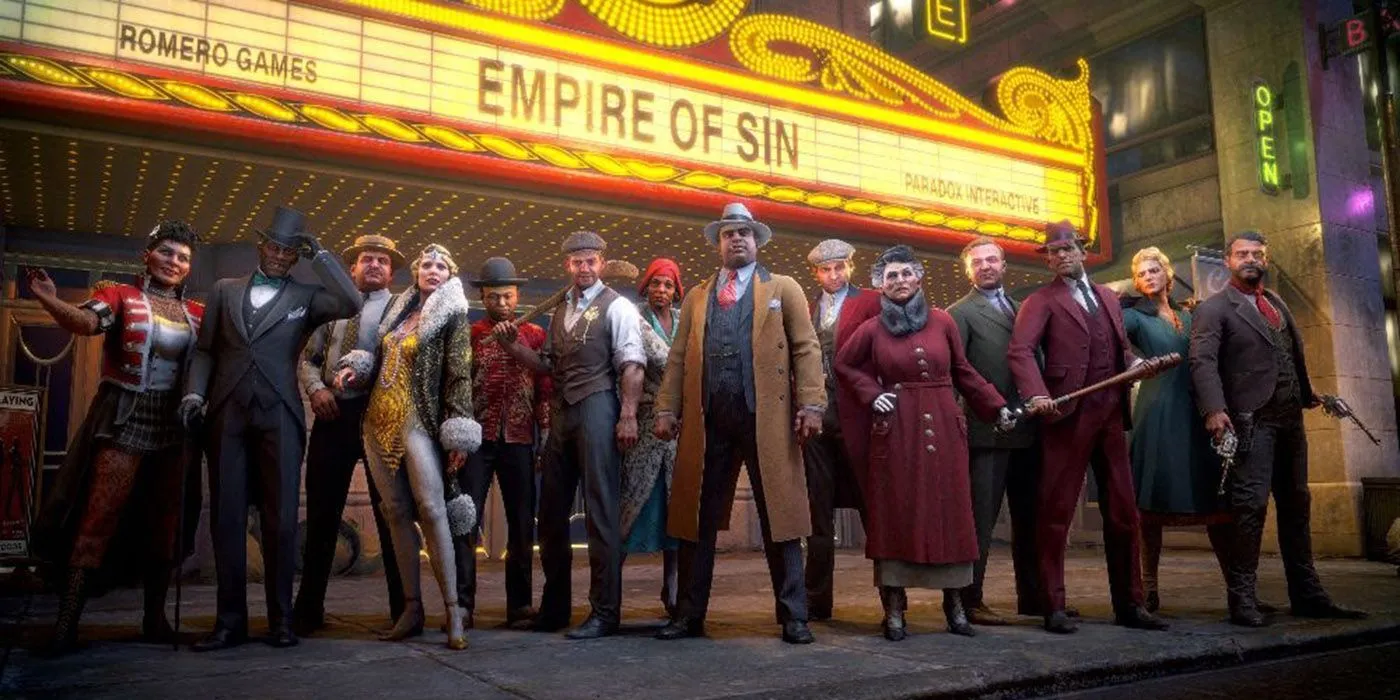 Hình ảnh một nhóm gangster đứng bên ngoài rạp hát với tên game Empire of Sin