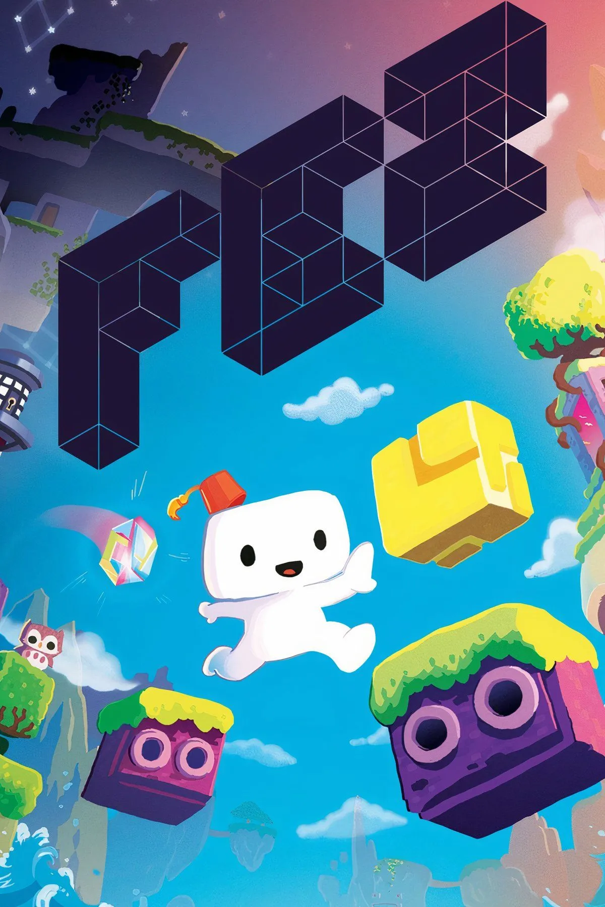 Hình ảnh nhân vật Gomez từ FEZ trong thế giới pixel 3D đầy màu sắc, thể hiện cơ chế xoay góc nhìn độc đáo của game.