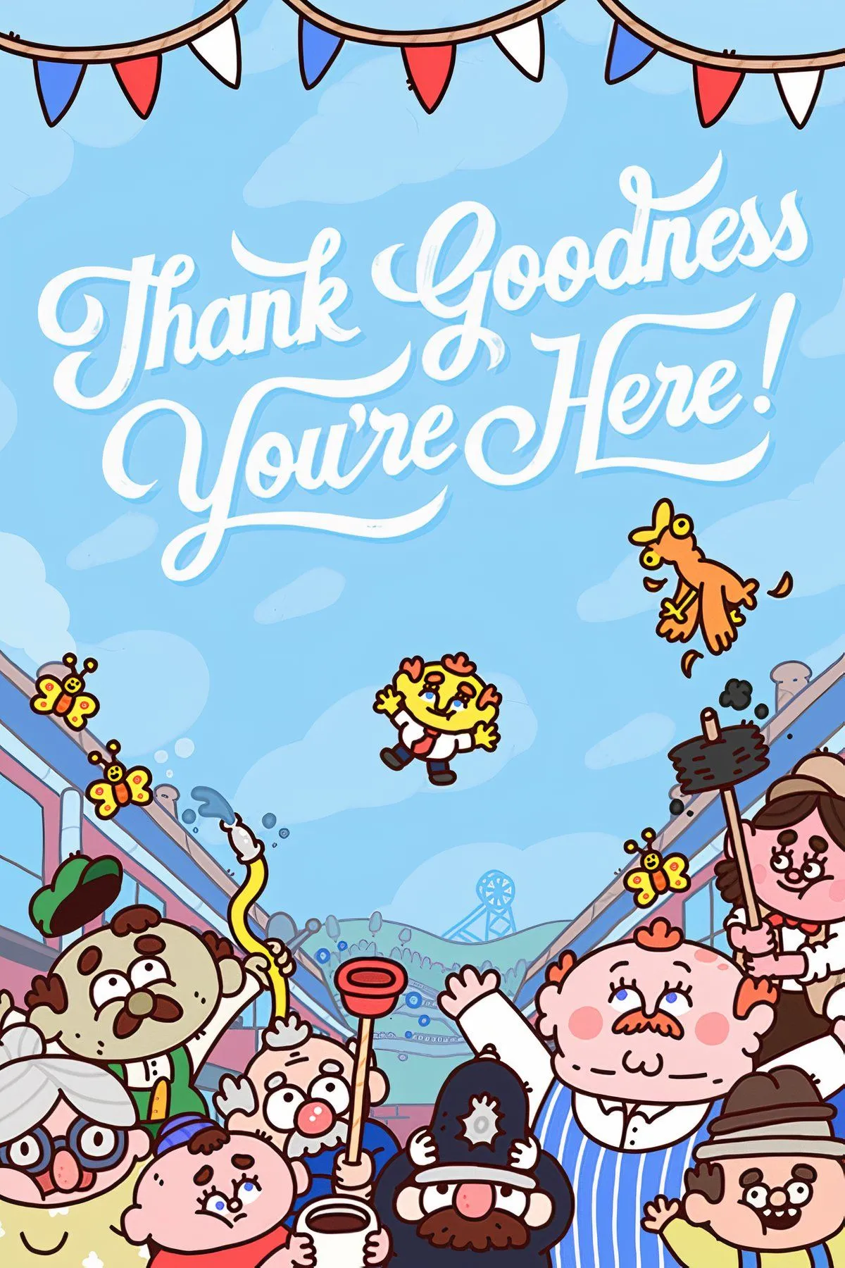Hình ảnh nhân vật hoạt hình trong game Thank Goodness You're Here!, thể hiện phong cách hài hước Anh