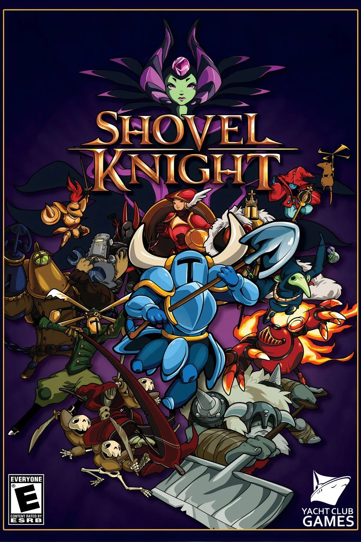 Hình ảnh nhân vật Shovel Knight trong trang phục hiệp sĩ xẻng đặc trưng, với đồ họa pixel 8-bit sống động.