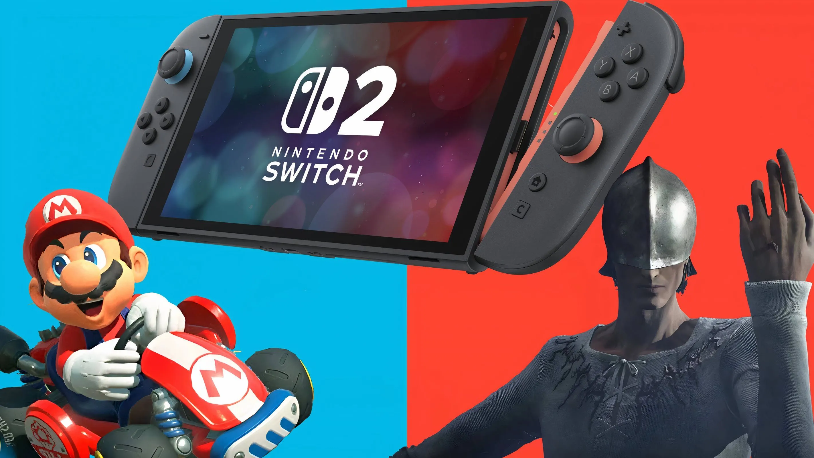Hình ảnh Nintendo Switch 2 cùng Mario và một nhân vật game, gợi ý về các tựa game độc quyền hấp dẫn.
