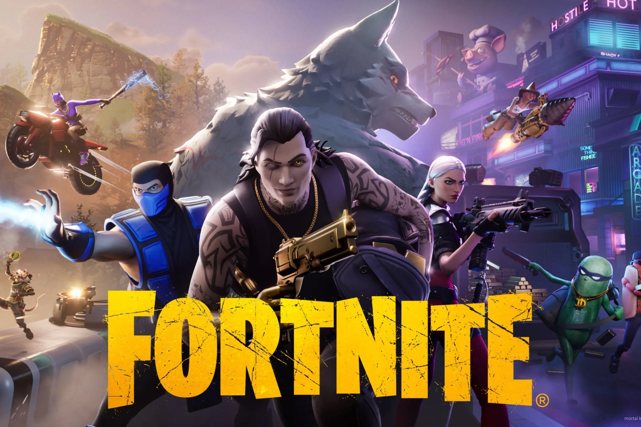 Hình ảnh quảng bá game Fortnite với các nhân vật và sói, thể hiện tính đa dạng của trò chơi Battle Royale