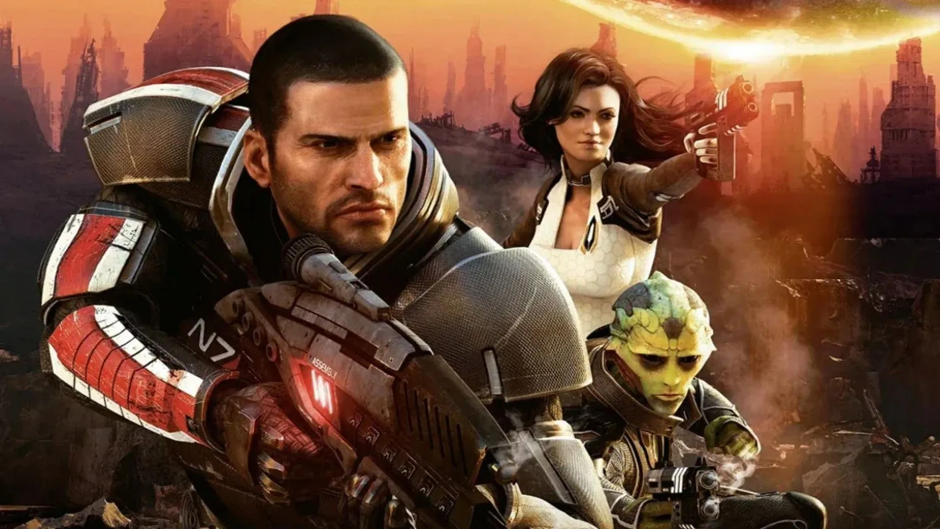 Hình ảnh quảng cáo cho Mass Effect 2, thể hiện nhân vật chính Commander Shepard cùng với đội ngũ trong một bối cảnh khoa học viễn tưởng căng thẳng