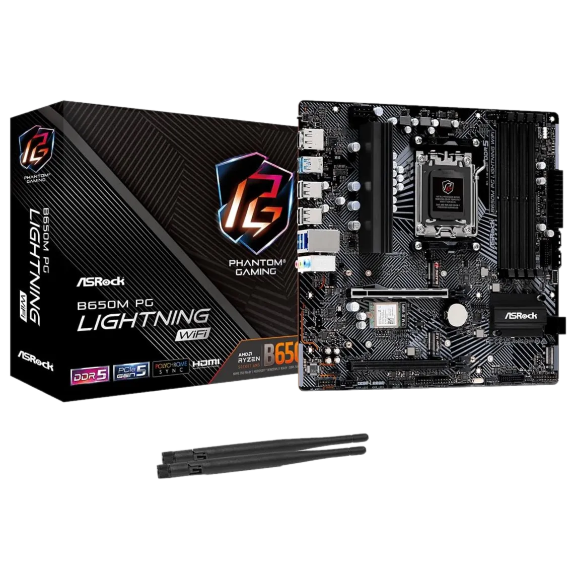 Hình ảnh render bo mạch chủ ASRock B650M PG Lightning WiFi màu đen cùng hộp sản phẩm