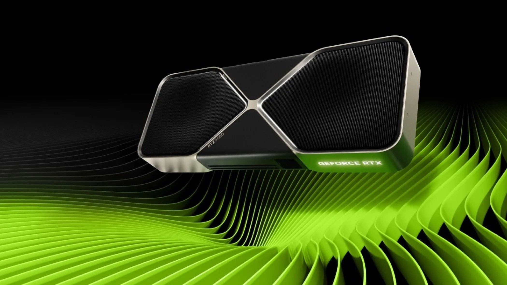 Hình ảnh render marketing của GPU GeForce RTX 5080 trên nền xanh
