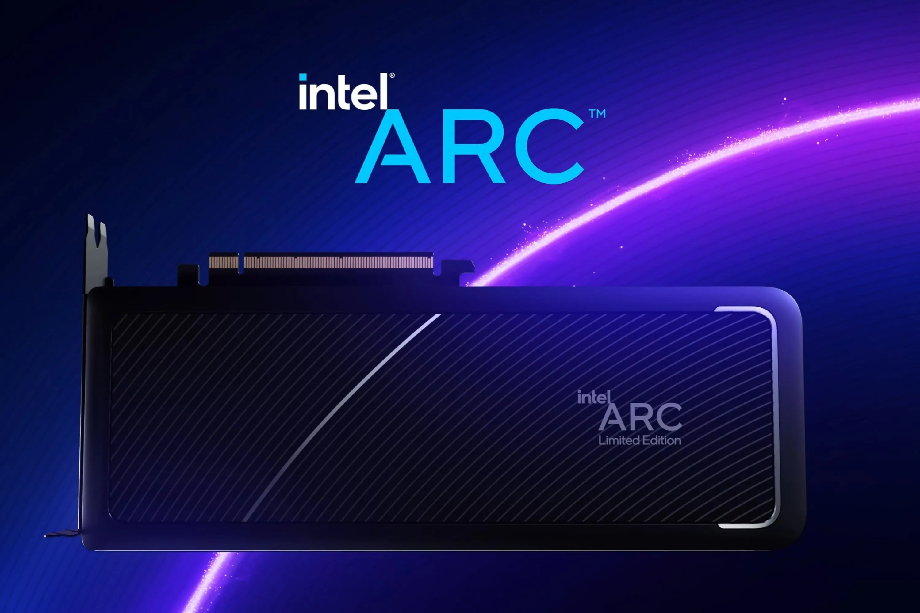 Hình ảnh render một mẫu card đồ họa Intel Arc, đại diện cho lựa chọn GPU giá trị cho công việc sáng tạo