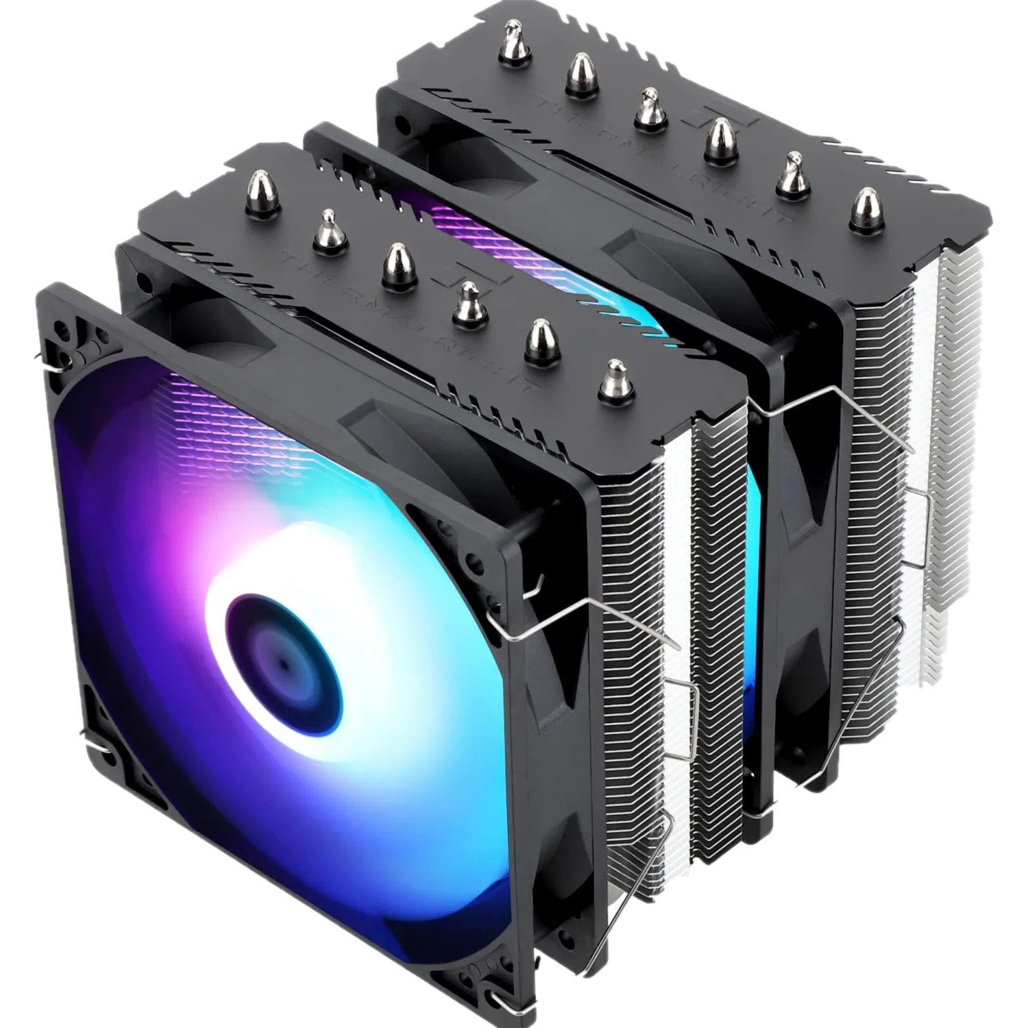 Hình ảnh render tản nhiệt khí Thermalright Peerless Assassin 120 SE ARGB màu trắng, thể hiện khả năng tản nhiệt xuất sắc và đèn RGB bắt mắt.