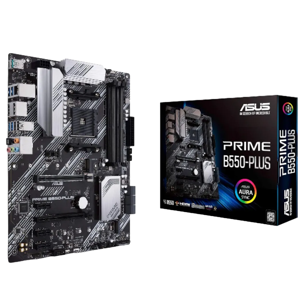 Hình ảnh render trong suốt của bo mạch chủ ASUS Prime B550-Plus nhìn từ góc trên, làm nổi bật các linh kiện và khe cắm.