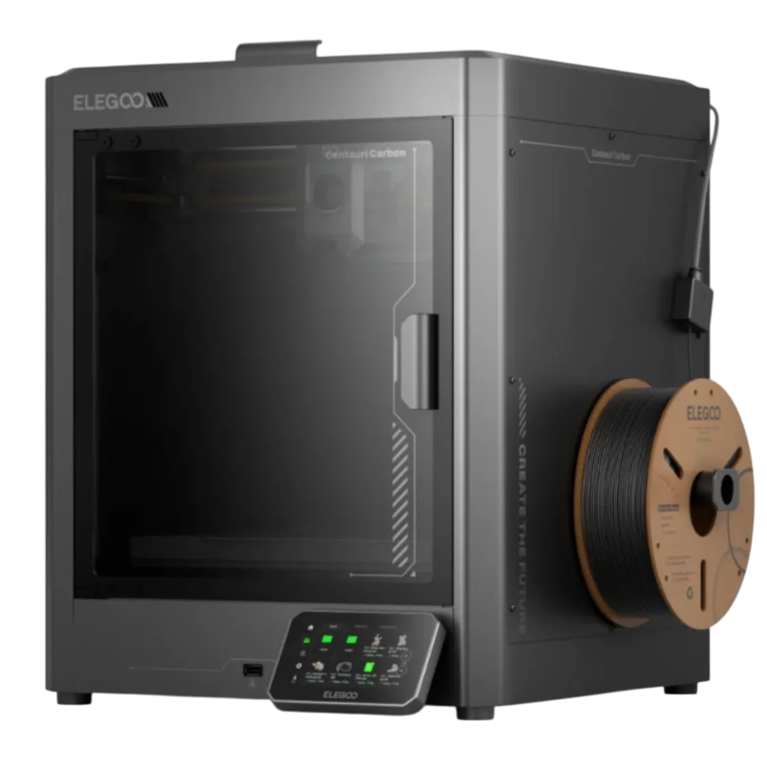 Hình ảnh render trong suốt của máy in 3D Elegoo Centauri Carbon, thể hiện thiết kế và cấu trúc tổng thể.