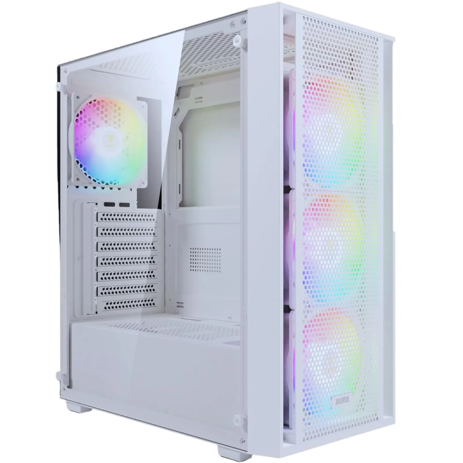 Hình ảnh render vỏ case Gamdias Aura GC2 màu trắng với các quạt RGB được cài đặt sẵn