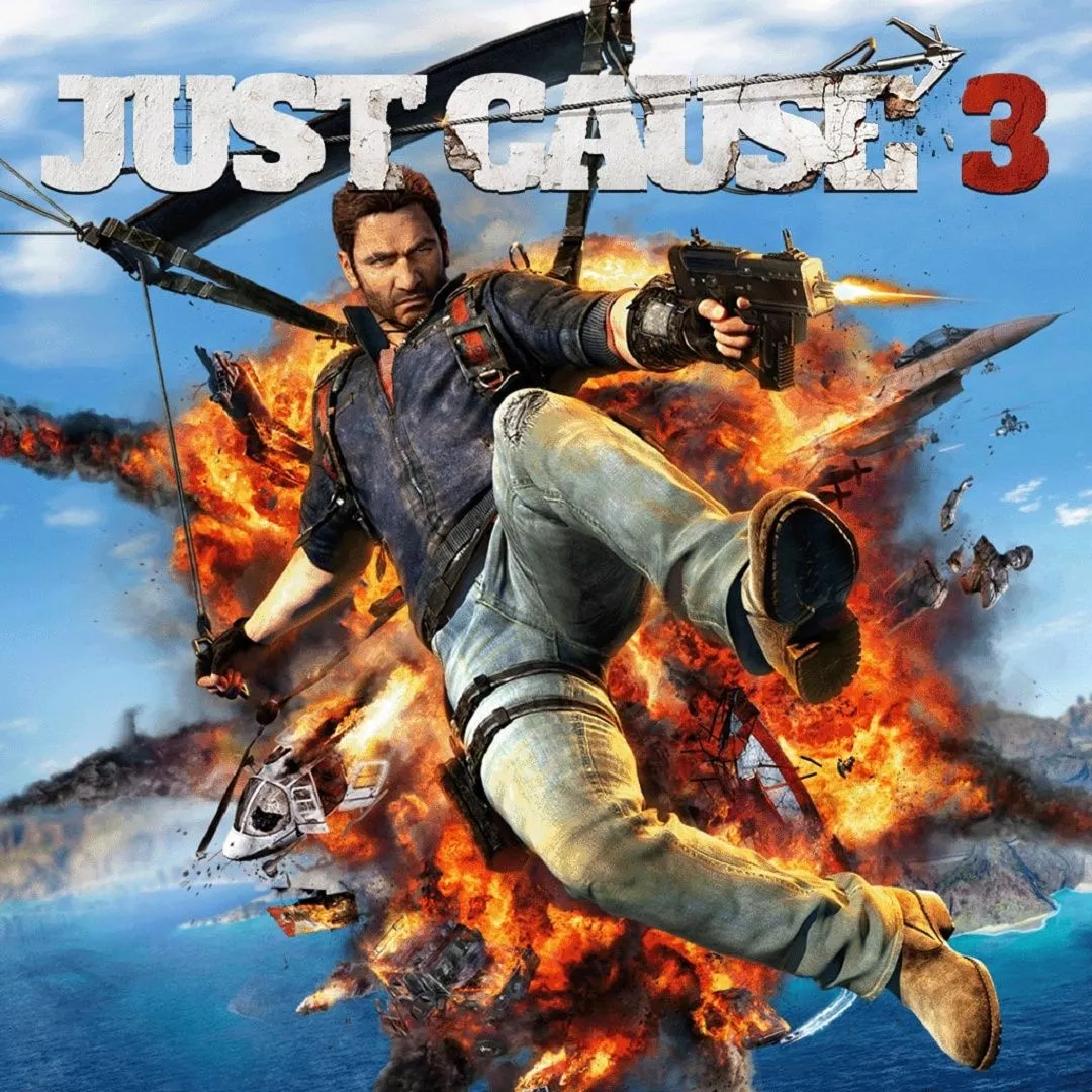 Hình ảnh sản phẩm game Just Cause 3, với một vụ nổ lớn và nhân vật chính đang bay lượn bằng dù lượn
