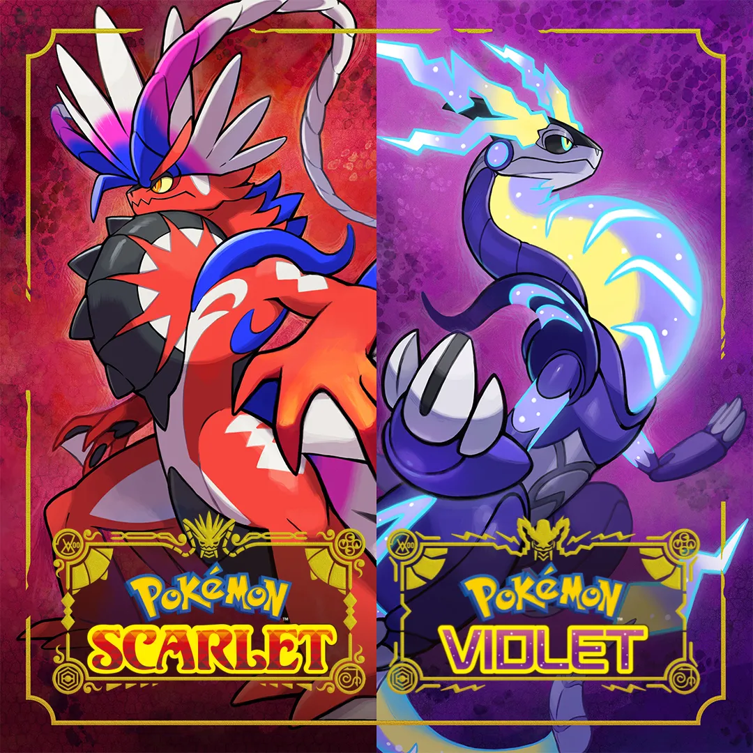 Hình ảnh sản phẩm game Pokémon Scarlet và Violet với Koraidon và Miraidon, tượng trưng cho những vấn đề hiệu suất và đồ họa của dòng game Pokémon hiện tại.