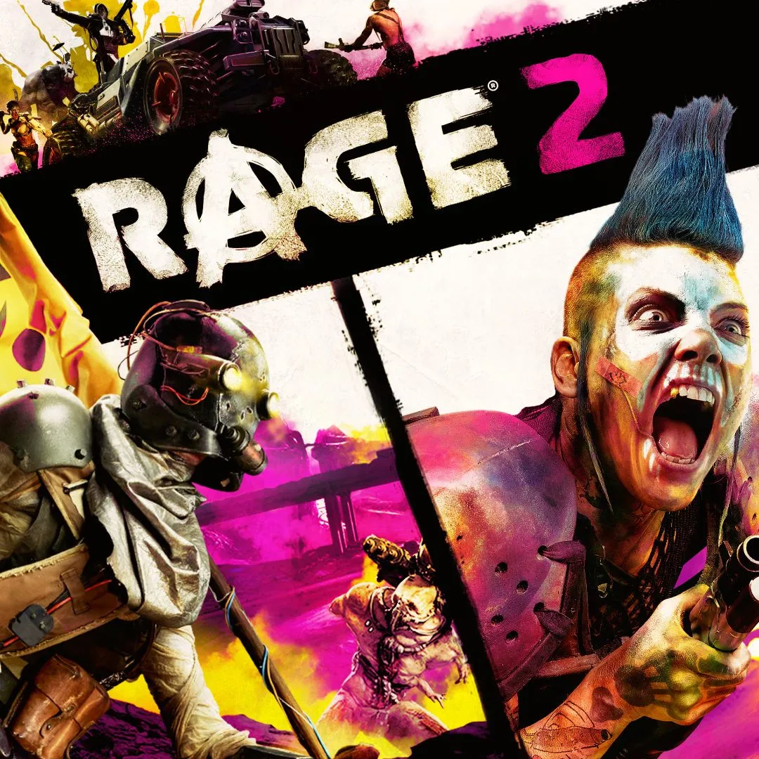 Hình ảnh sản phẩm game Rage 2, thể hiện phong cách hậu tận thế, hành động tốc độ cao và môi trường mở.