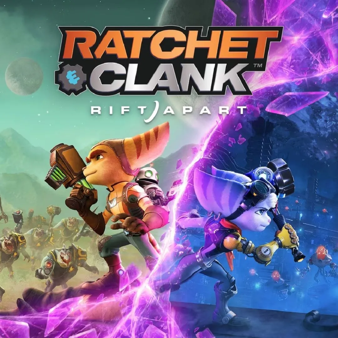 Hình ảnh sản phẩm game Ratchet &amp; Clank: Rift Apart, thể hiện đồ họa sống động và nhân vật Ratchet cùng Clank đang hành động, biểu trưng cho sức mạnh PS5.