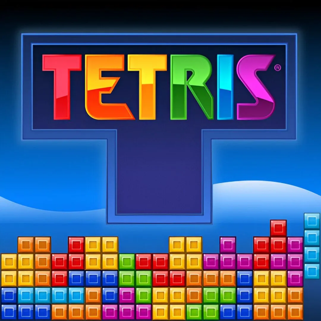 Hình ảnh sản phẩm game Tetris với các khối màu sắc đặc trưng đang rơi xuống, biểu tượng của trò chơi giải đố kinh điển.