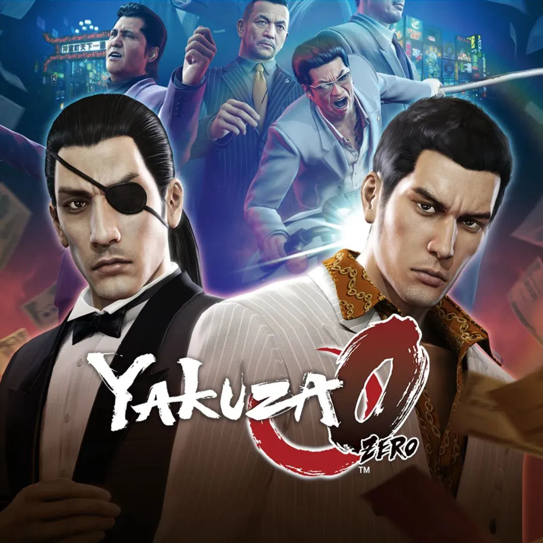 Hình ảnh sản phẩm game Yakuza 0, với các nhân vật chính và bối cảnh thành phố Nhật Bản sống động