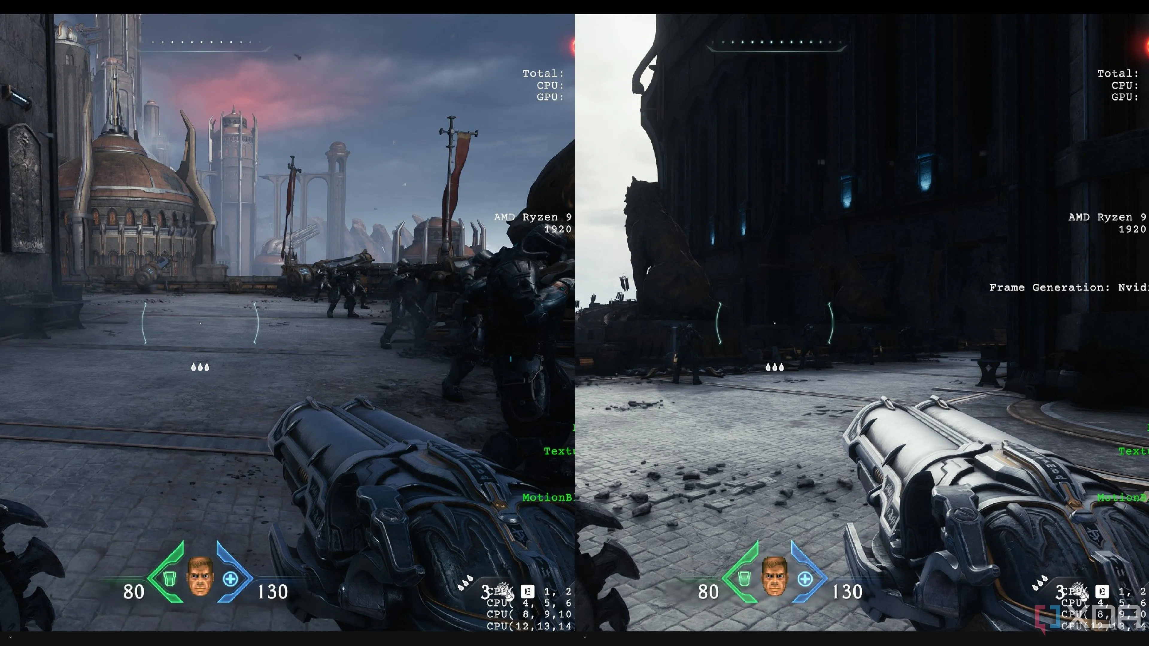 Hình ảnh so sánh sự khác biệt của hiệu ứng Ray Tracing trong game Doom, minh họa cải thiện không quá rõ rệt.