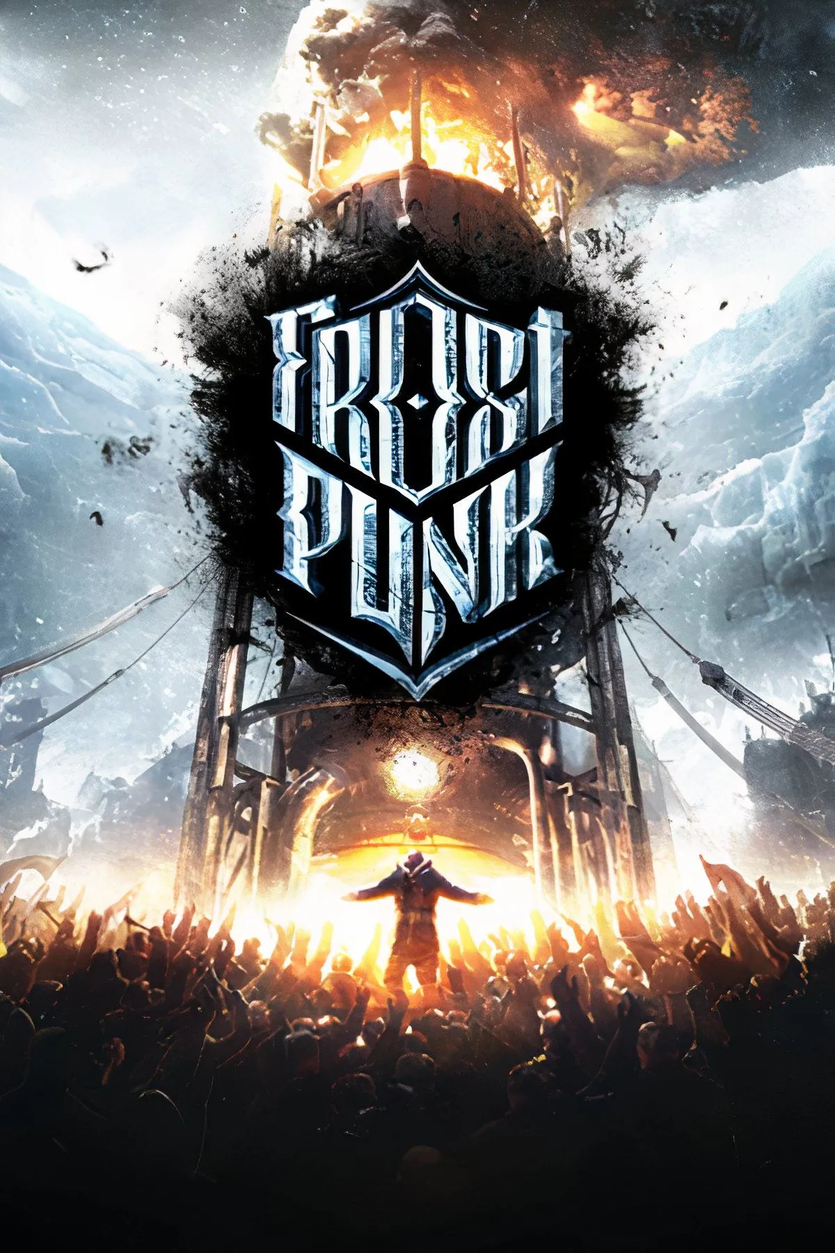 Hình ảnh thành phố Frostpunk giữa băng giá, với tòa tháp lò hơi làm trung tâm