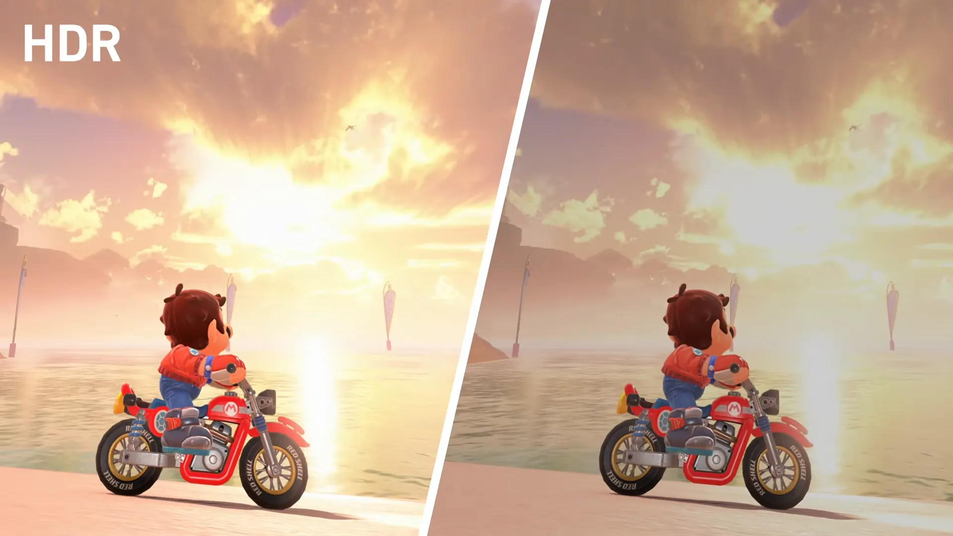 Hình ảnh thể hiện sự khác biệt khi bật và tắt HDR trong Mario Kart World trên Switch 2