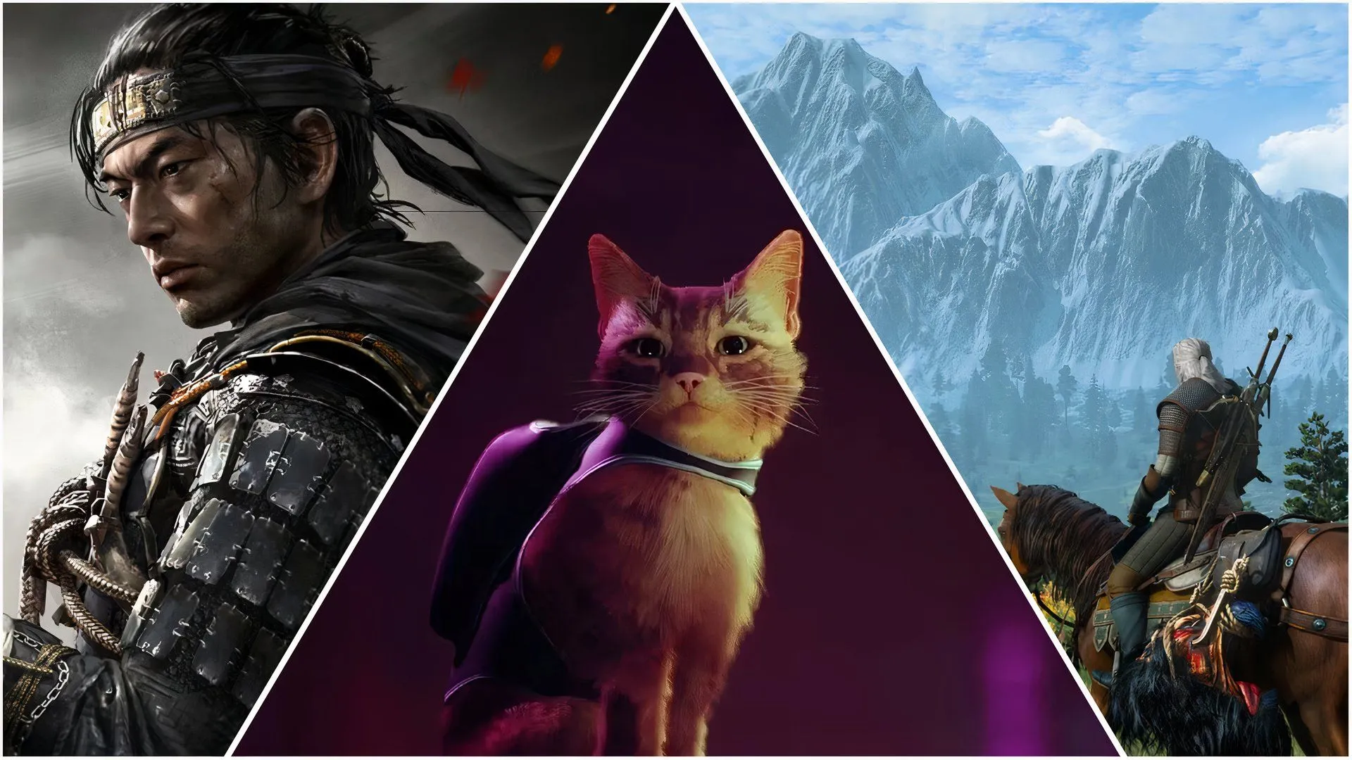 Hình ảnh tổng hợp các game phiêu lưu nổi tiếng như The Witcher 3, Stray và Ghost of Tsushima, gợi nhắc về những cốt truyện phiêu lưu cuốn hút