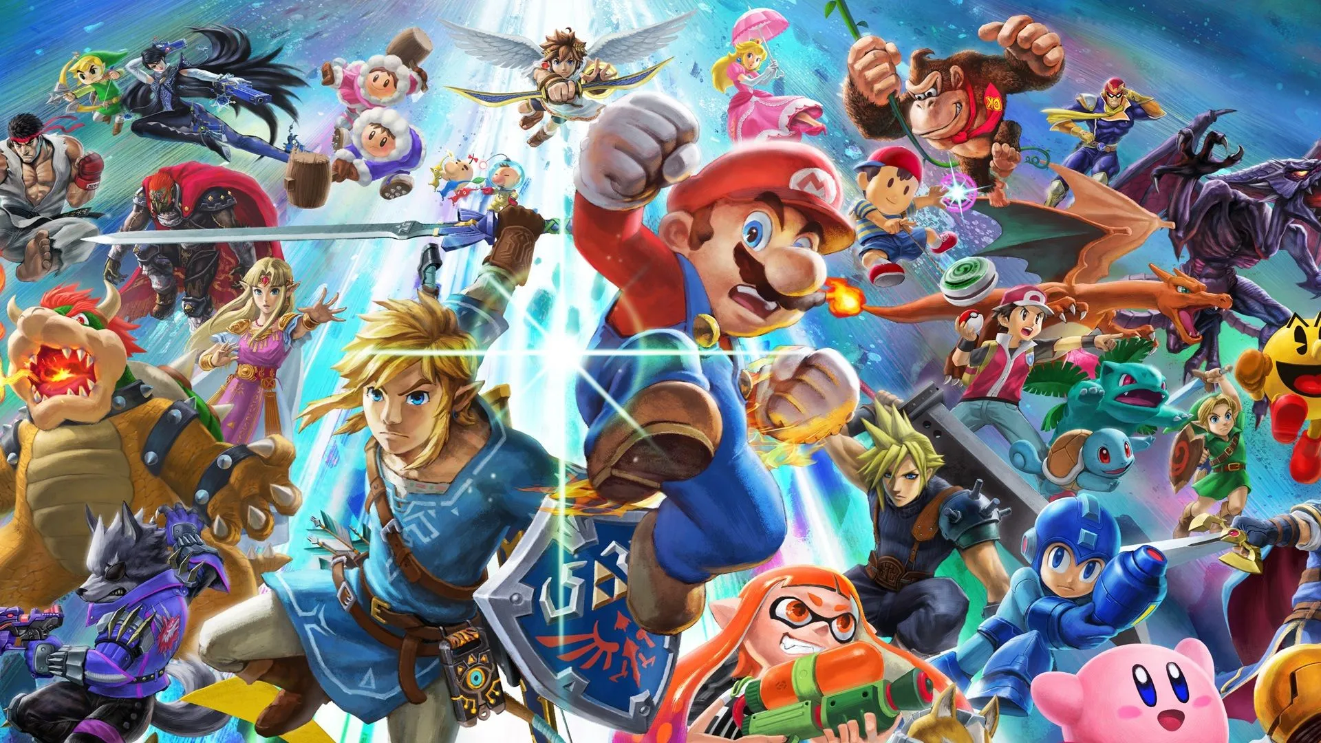 Hình ảnh tổng hợp các nhân vật nổi bật từ series Super Smash Bros., đại diện cho việc đánh giá và xếp hạng các phiên bản game.