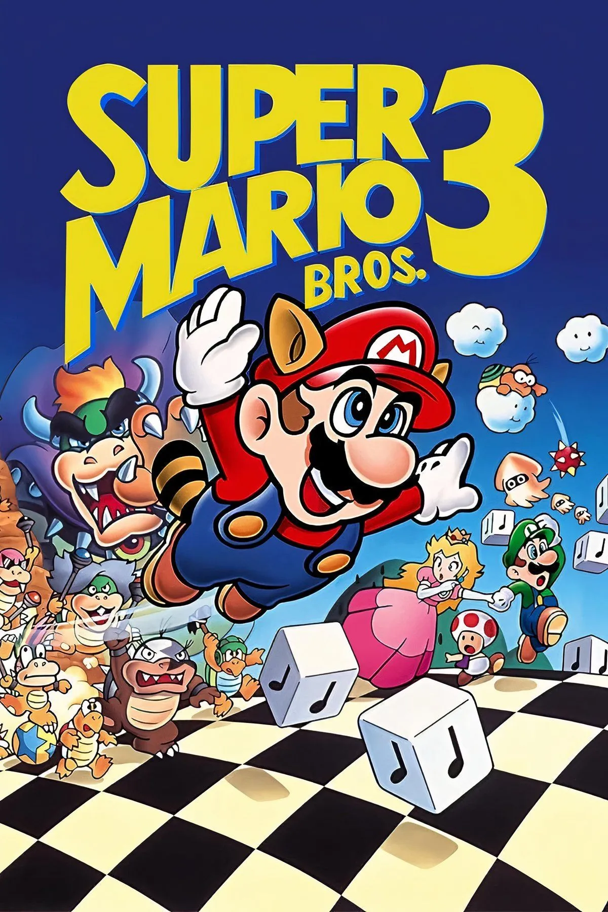 Hình ảnh tổng hợp gameplay Super Mario Bros. 3, với Mario trong bộ Tanooki Suit