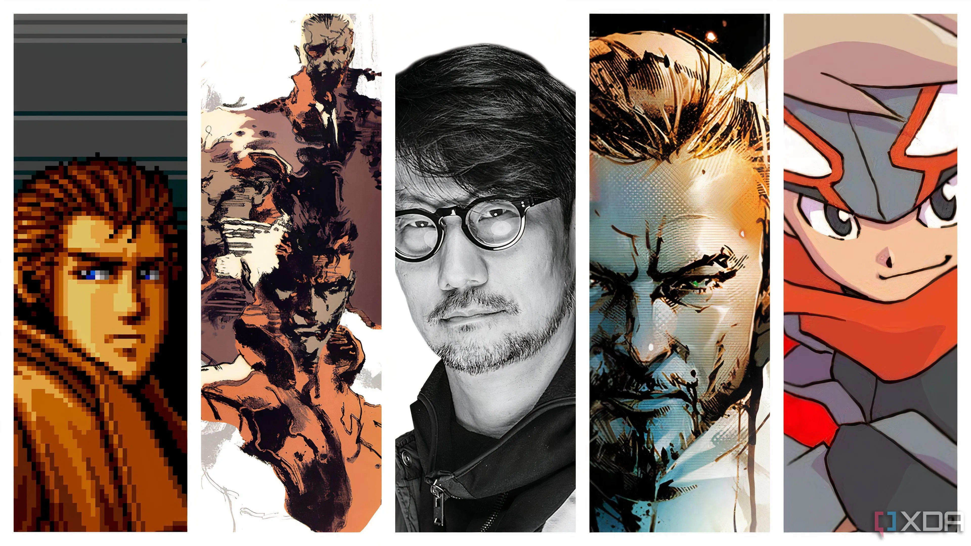 Hình ảnh tổng hợp Hideo Kojima và các tựa game nổi tiếng của ông như Metal Gear Solid, Death Stranding