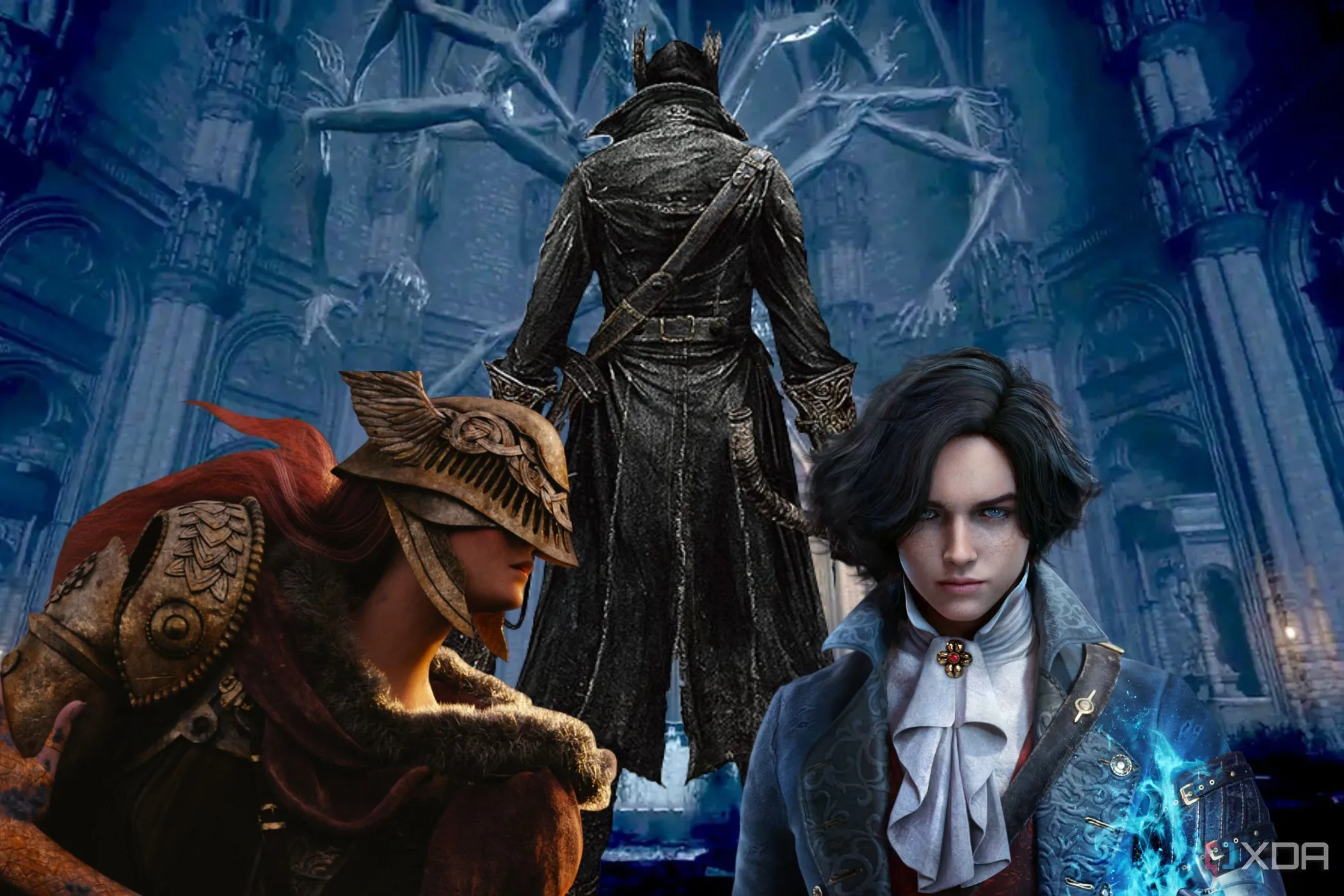 Hình ảnh tổng hợp nhân vật từ các game như Bloodborne và các game phiêu lưu thế giới mở tương tự trong bối cảnh nhà thờ Gothic.