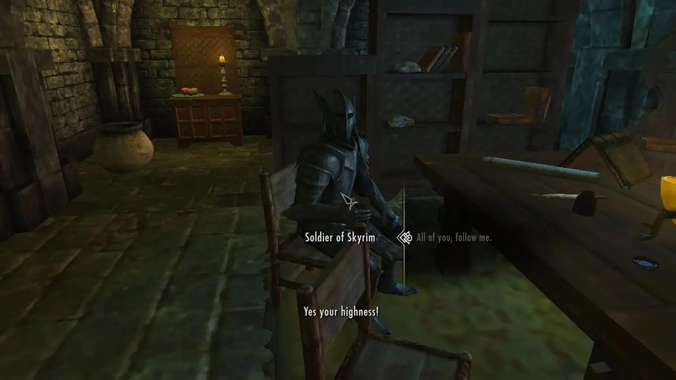 Hình ảnh trong game cho thấy người chơi đang thực hiện các quyền hạn của Vua Tối Cao Skyrim với mod Become High King of Skyrim, điều hành triều đình và ra lệnh.