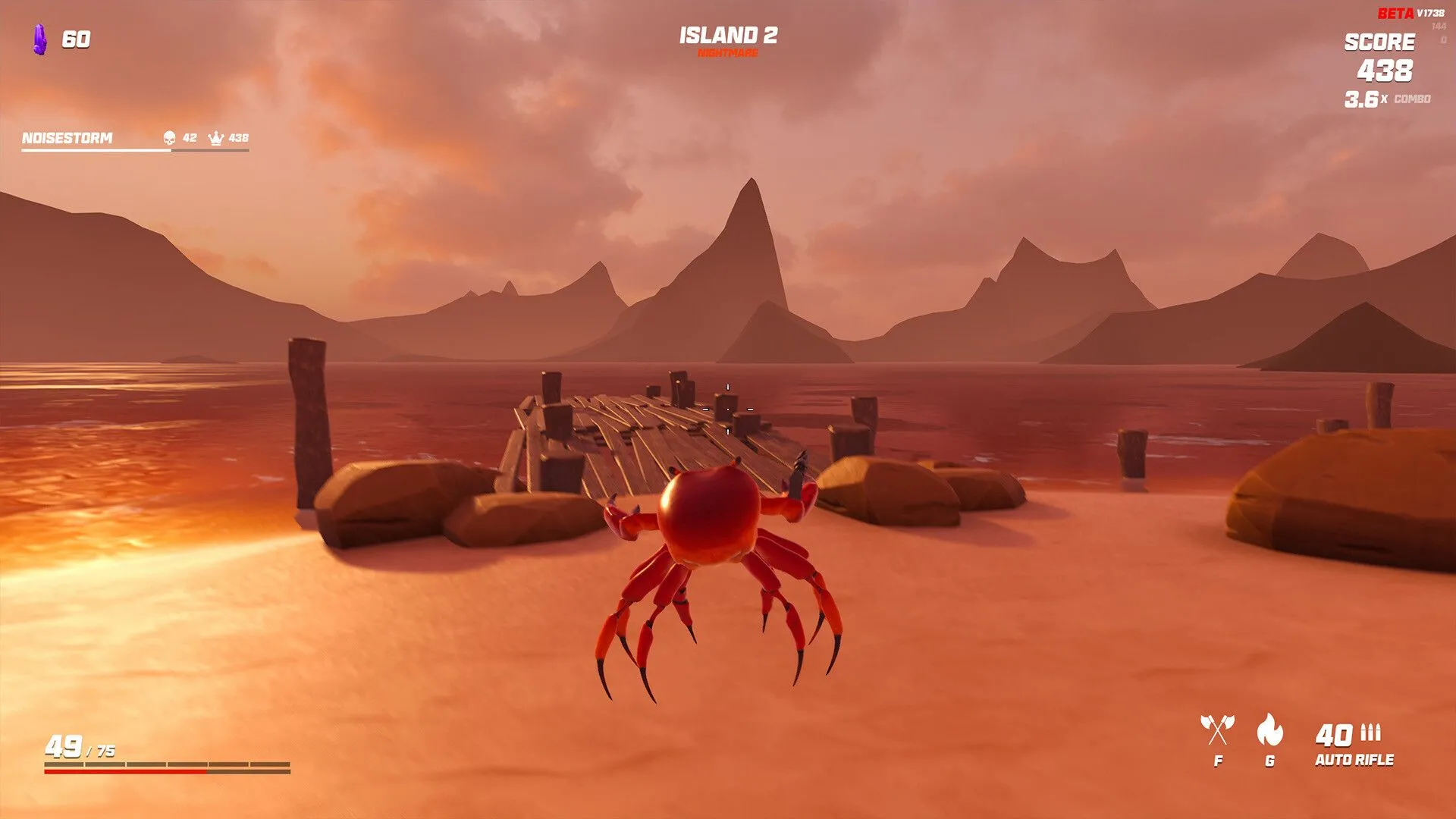 Hình ảnh trong game indie Crab Champions, một chú cua đang bay trên không tại bãi biển