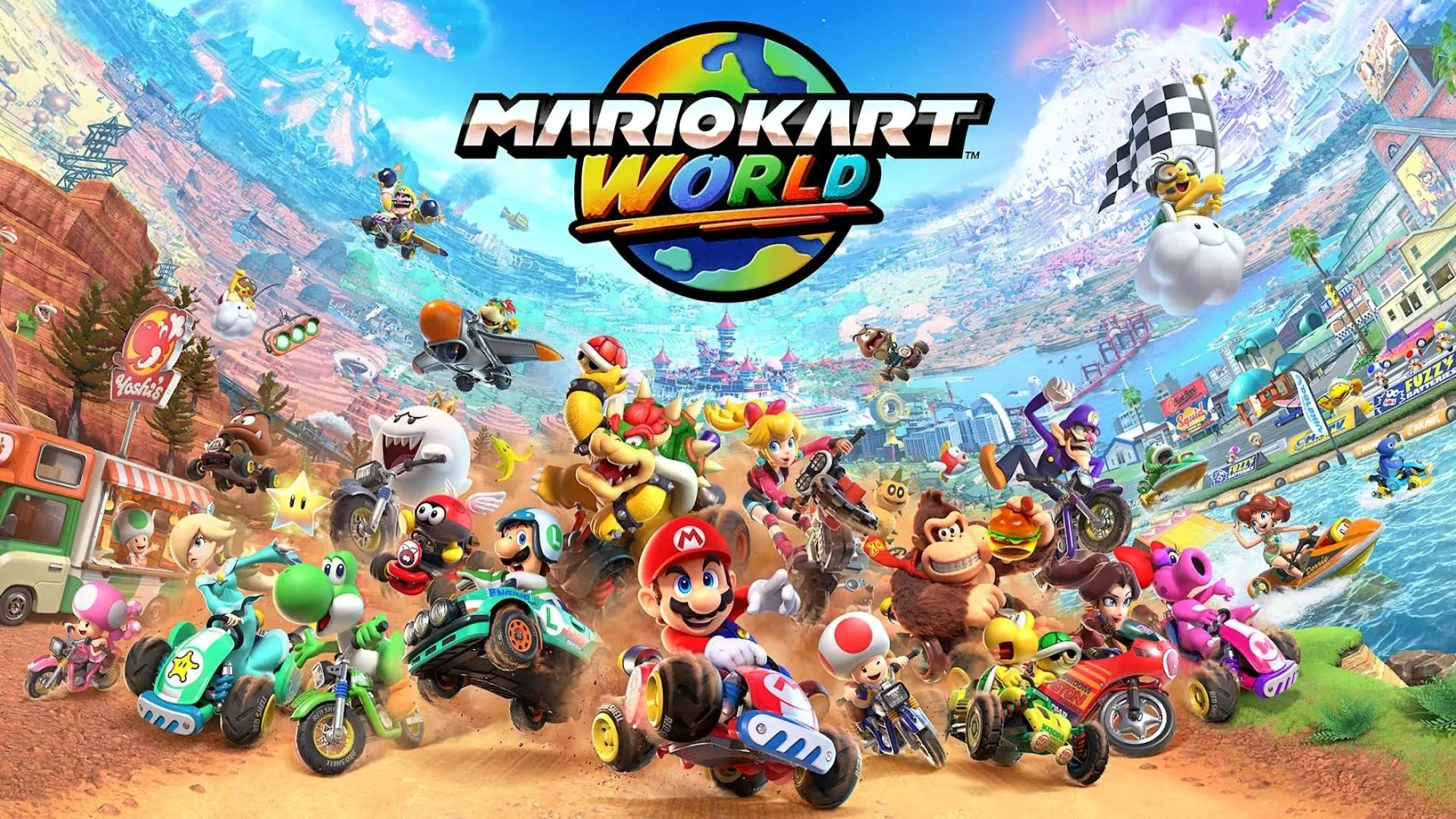 Hình ảnh trong game Mario Kart World: Nhân vật Mario đang đua trên đường ray, thể hiện cơ chế rail grinding mới