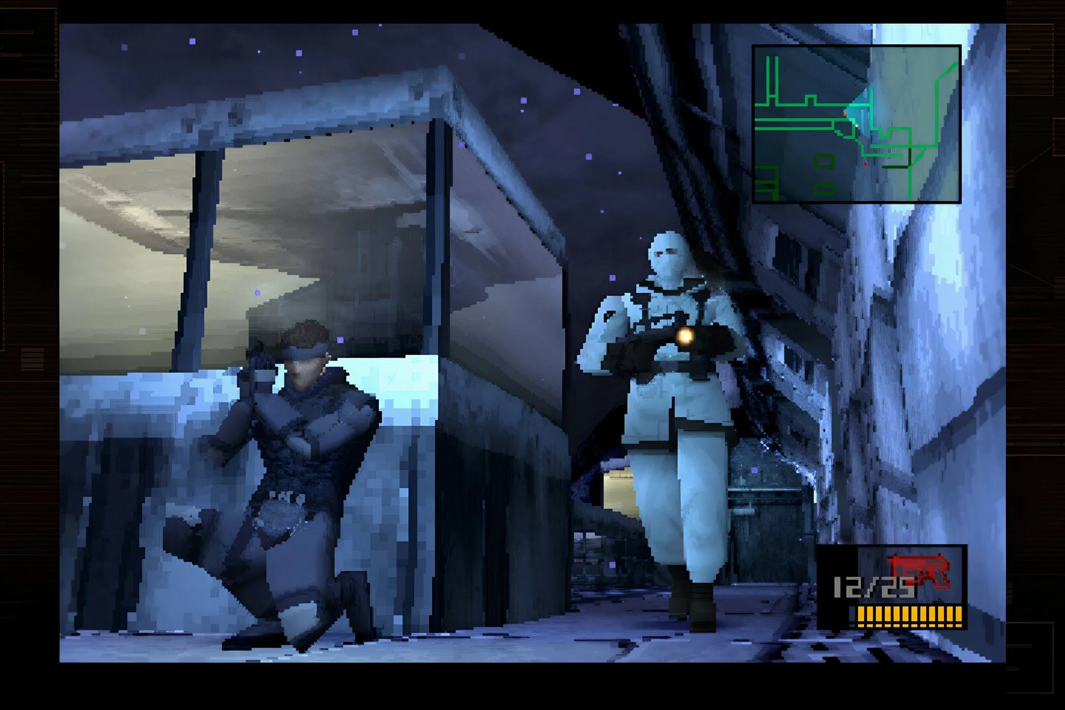 Hình ảnh từ game Metal Gear Solid (1998) với cảnh lính địch tuần tra, thể hiện đồ họa và không khí game.