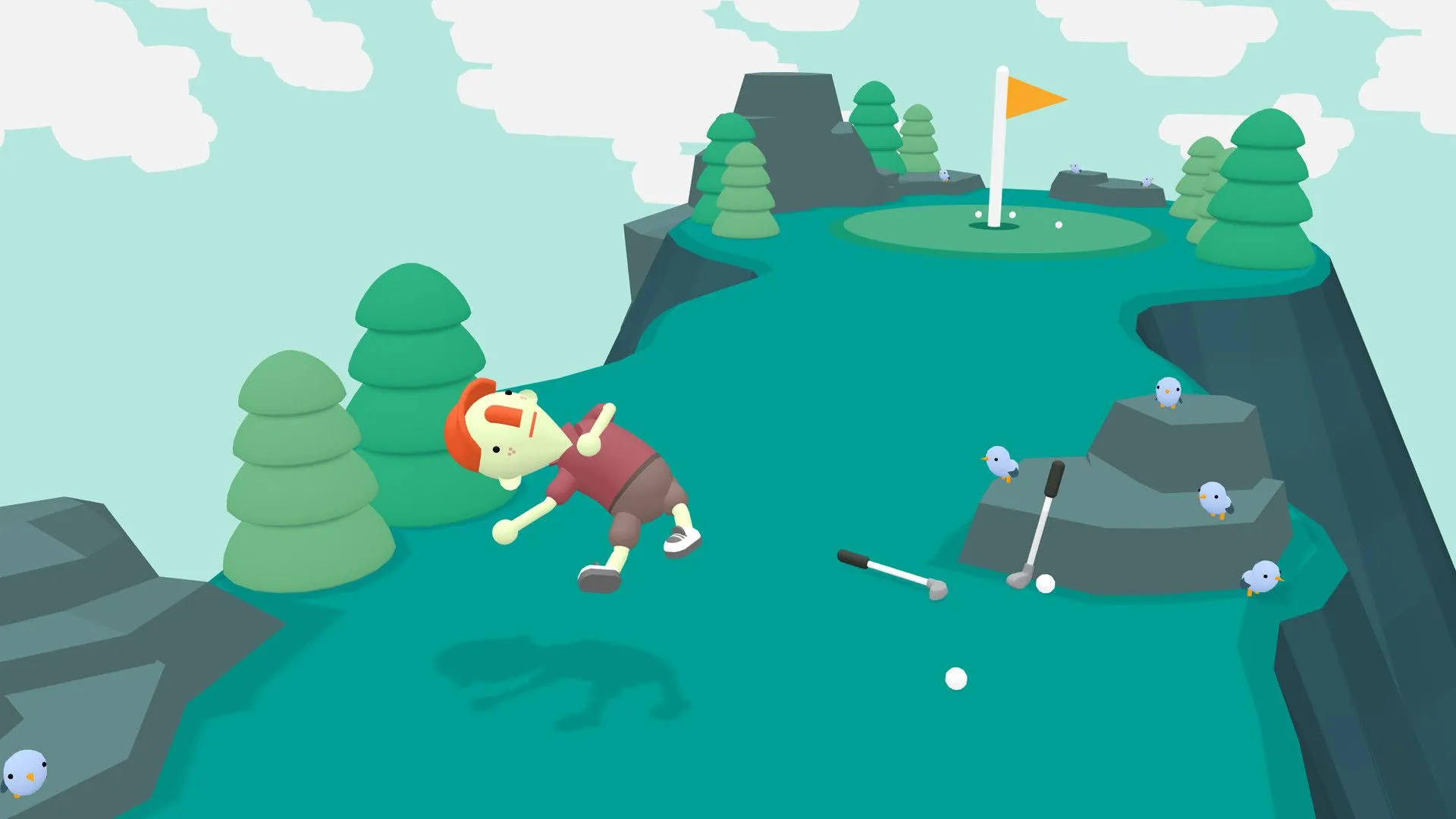 Hình ảnh từ game What the Golf?, hiển thị một quả bóng golf khổng lồ đang lăn trên địa hình phức tạp, minh họa cho lối chơi golf phi truyền thống và đầy bất ngờ của trò chơi.