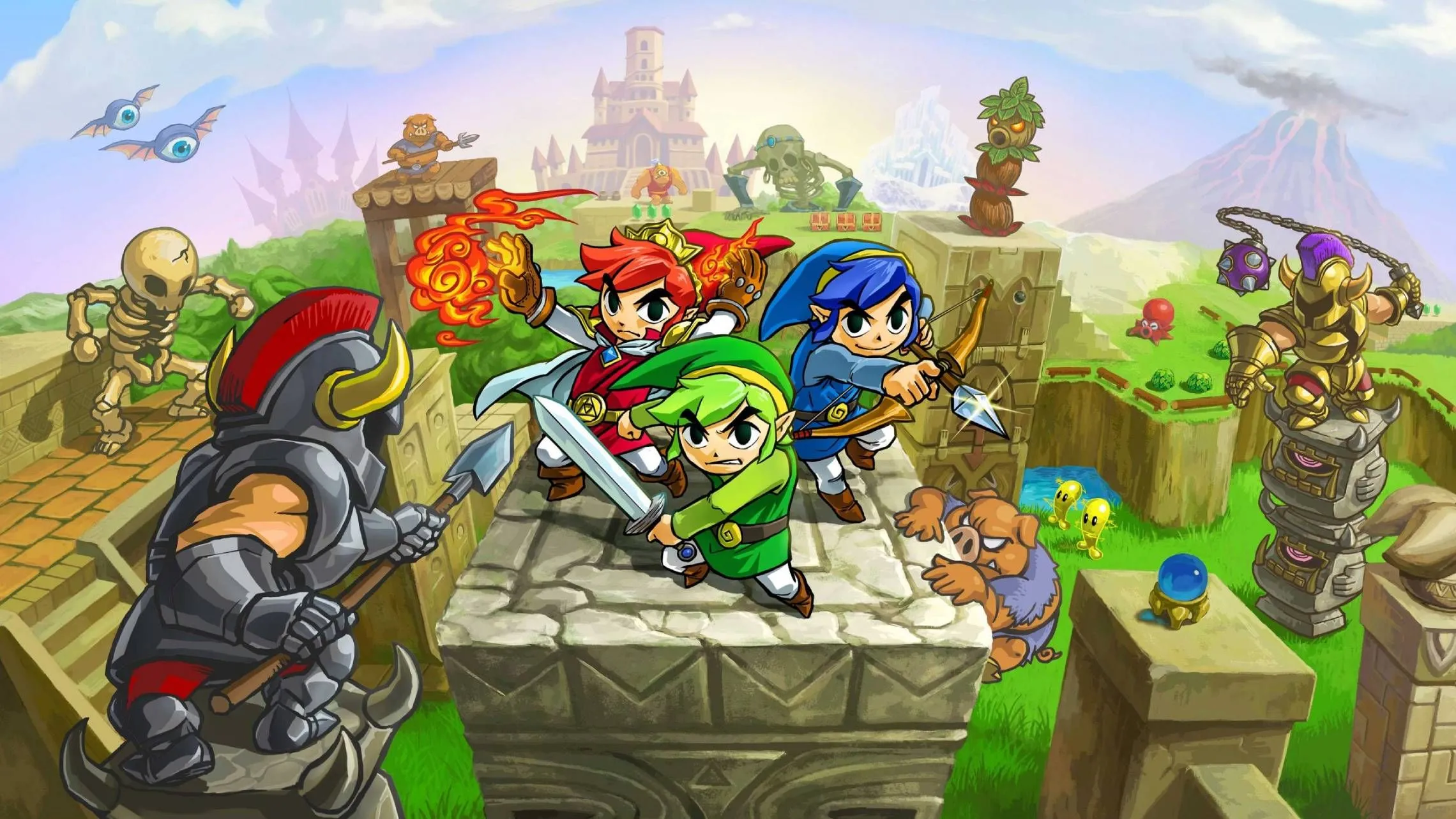 Hình minh họa ba Link chiến đấu cùng nhau từ The Legend of Zelda: Tri Force Heroes