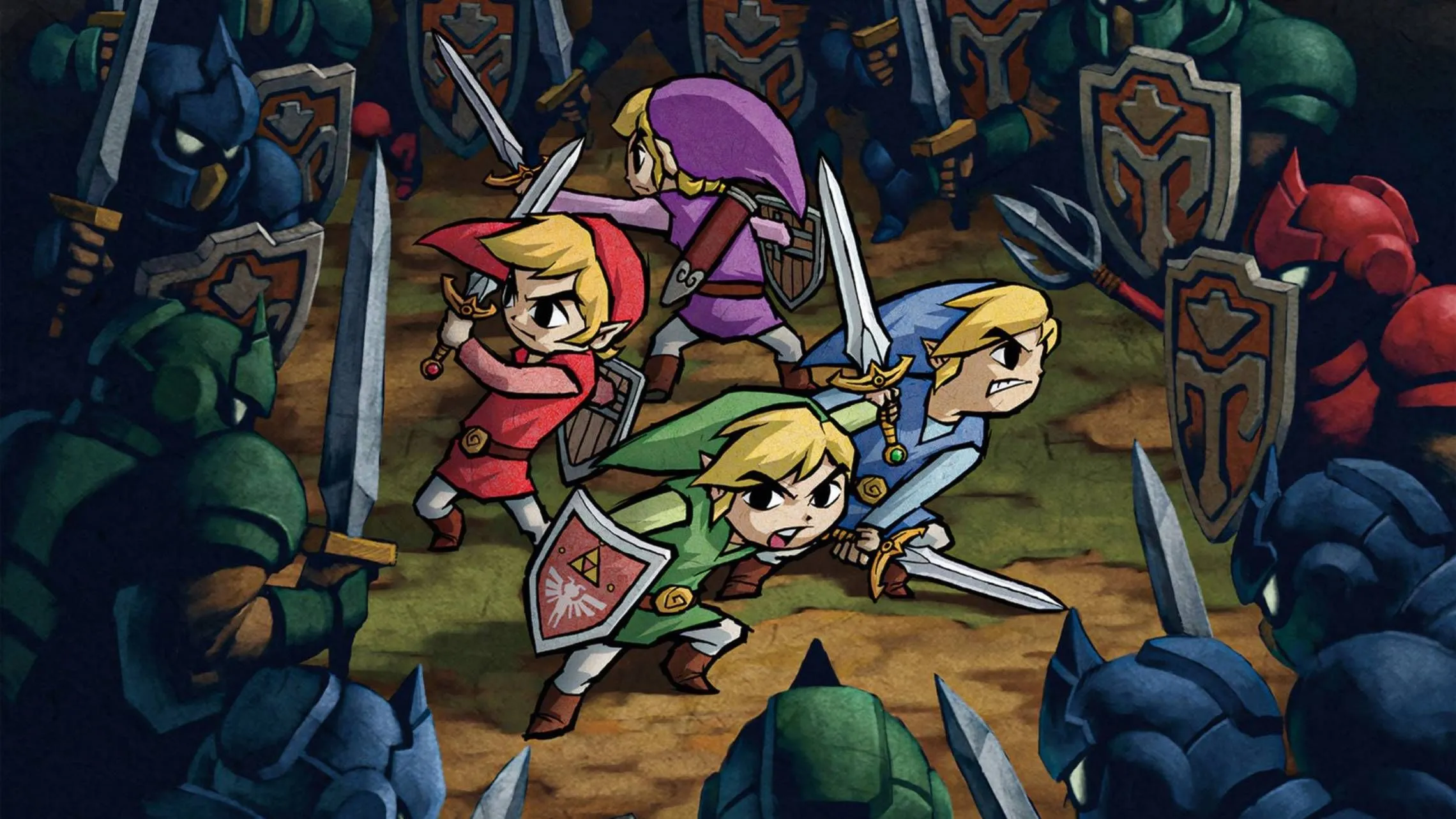 Hình minh họa chính thức từ The Legend of Zelda: Four Swords Adventure với nhiều Link cùng chiến đấu