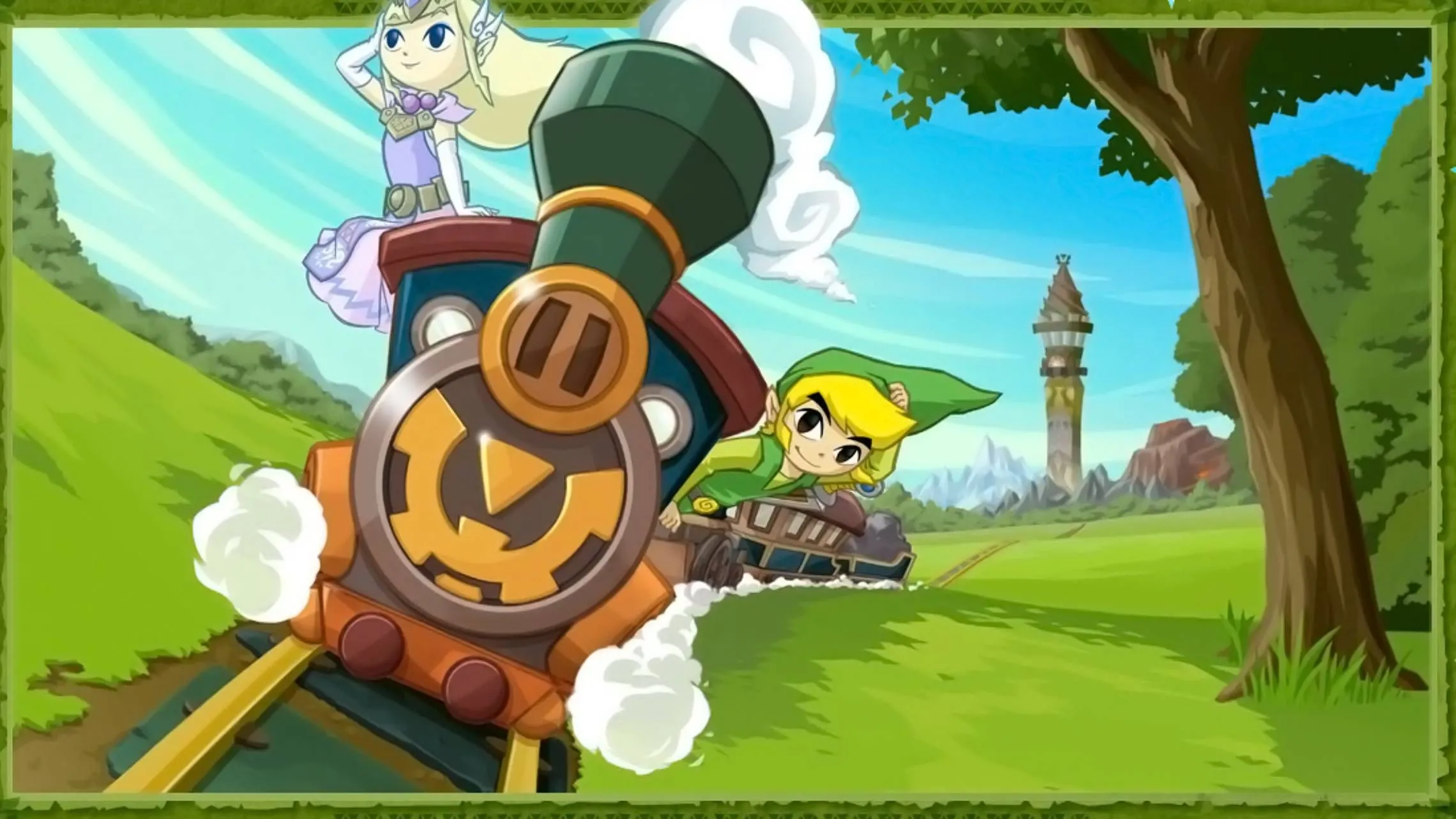Hình minh họa Link và công chúa Zelda trên chuyến tàu từ The Legend of Zelda: Spirit Tracks