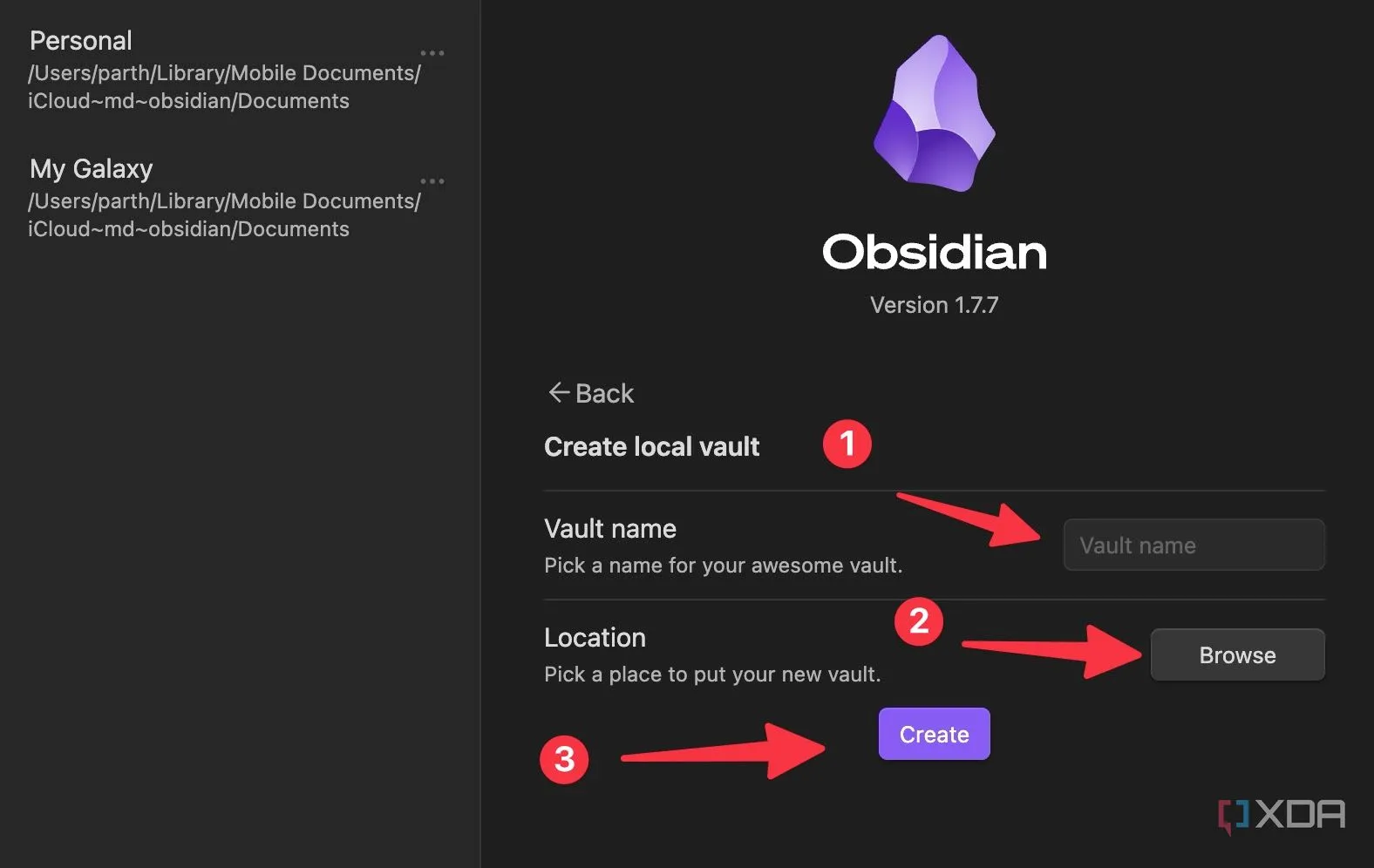 Hộp thoại chọn vị trí lưu trữ cho vault Obsidian mới