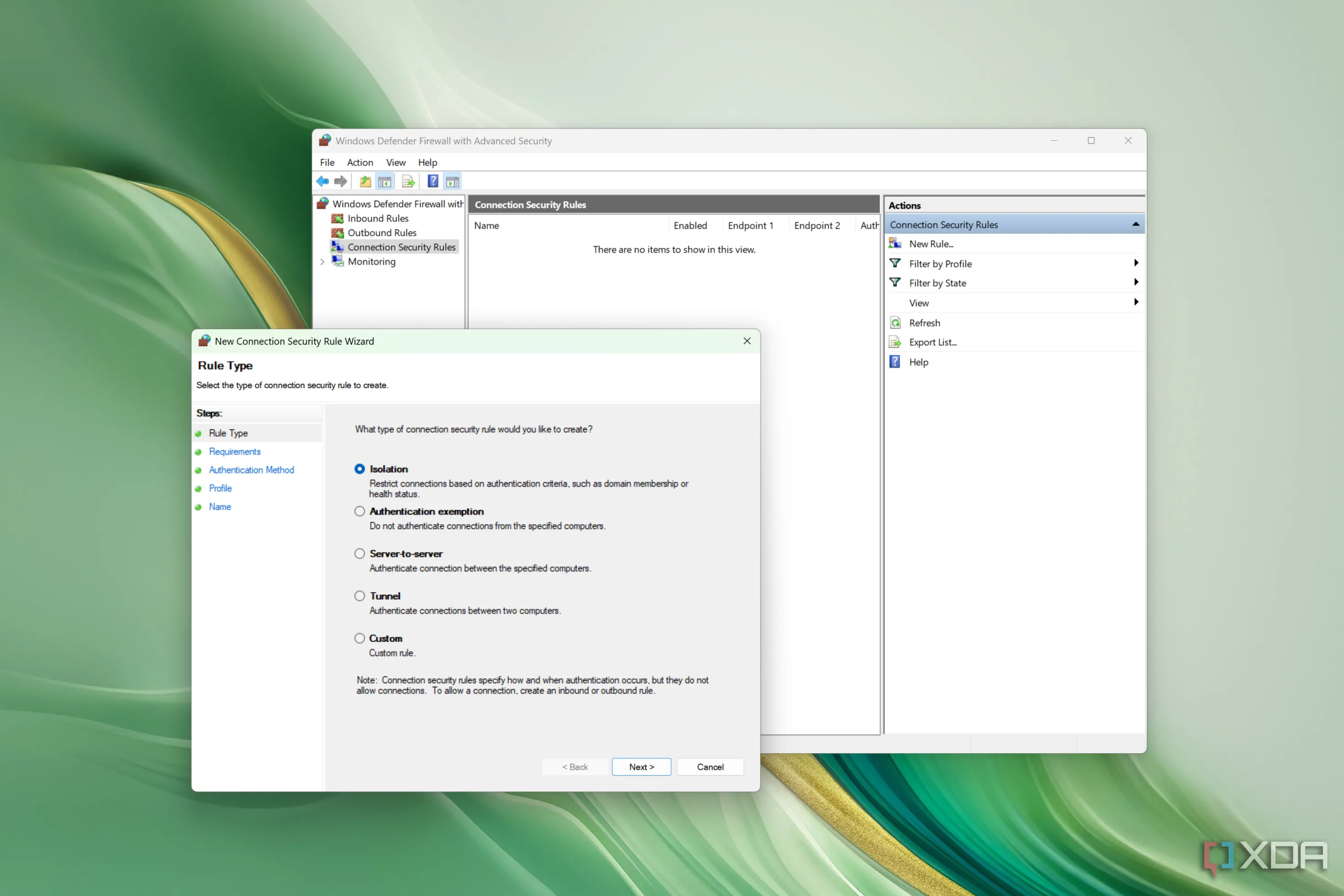 Hộp thoại Connection Security rule trong cài đặt nâng cao Tường lửa Windows