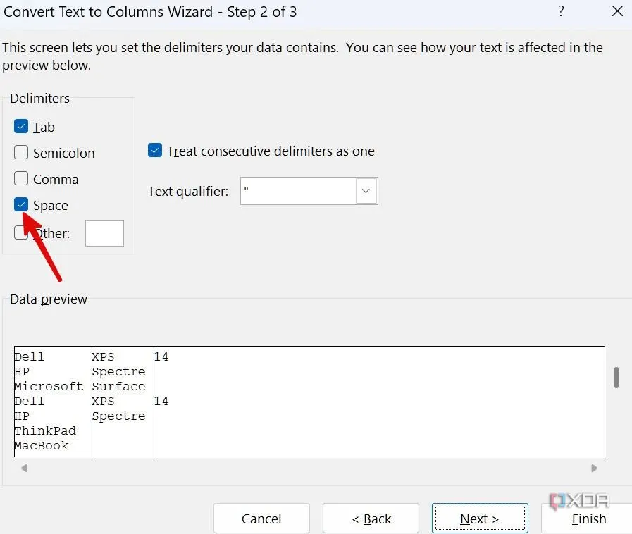 Hộp thoại Convert Text to Columns Wizard (Bước 2), chọn dấu phân cách (Delimiters) là Space (Khoảng trắng) để tách dữ liệu.