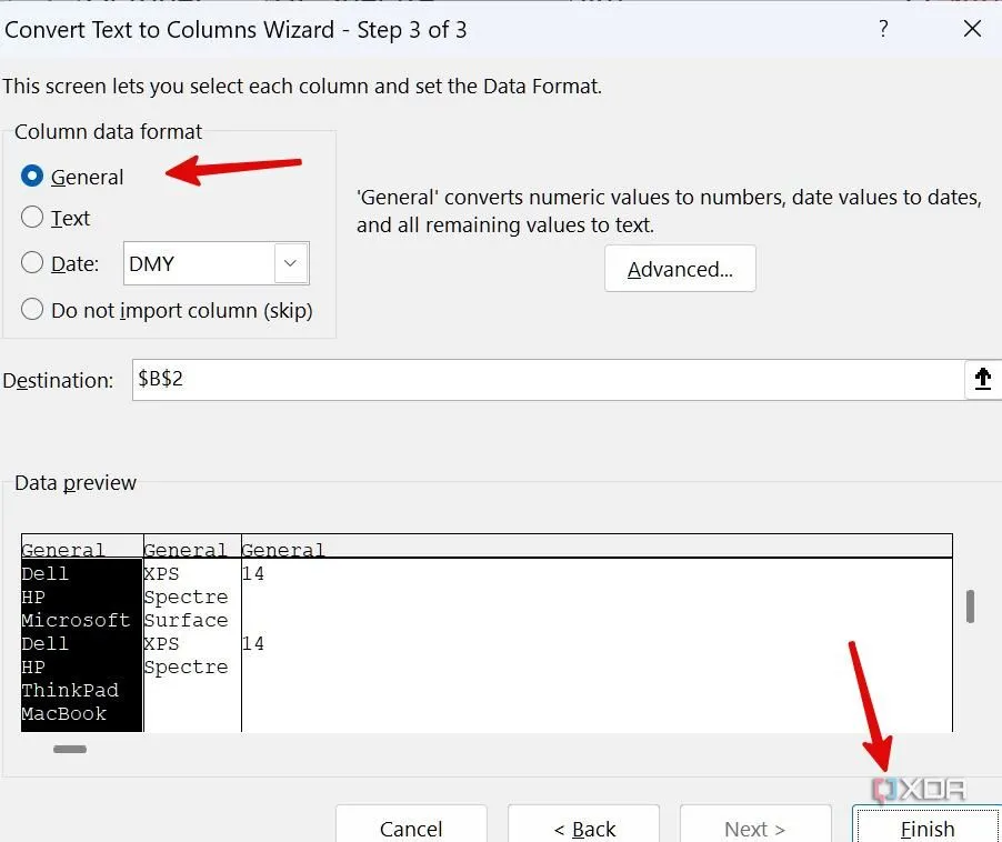 Hộp thoại Convert Text to Columns Wizard (Bước 3), chọn General (Chung) cho định dạng dữ liệu cột trước khi hoàn tất.
