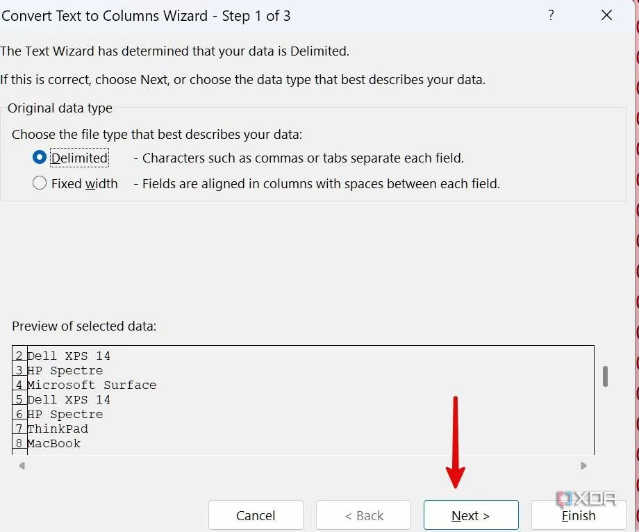 Hộp thoại Convert Text to Columns Wizard (Trình hướng dẫn Chuyển đổi Văn bản thành Cột) trong Excel, chọn kiểu tệp Delimited.
