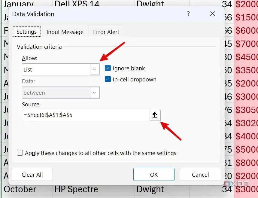 Hộp thoại Data Validation Settings (Cài đặt xác thực dữ liệu) trong Excel, chọn Allow (Cho phép) là List (Danh sách).