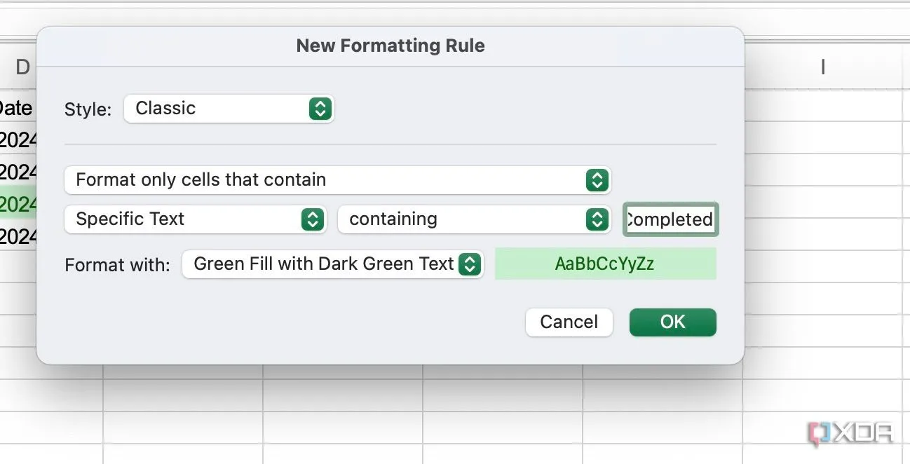 Hộp thoại định dạng tùy chỉnh của Conditional Formatting trong Excel, hiển thị các lựa chọn màu sắc và kiểu chữ