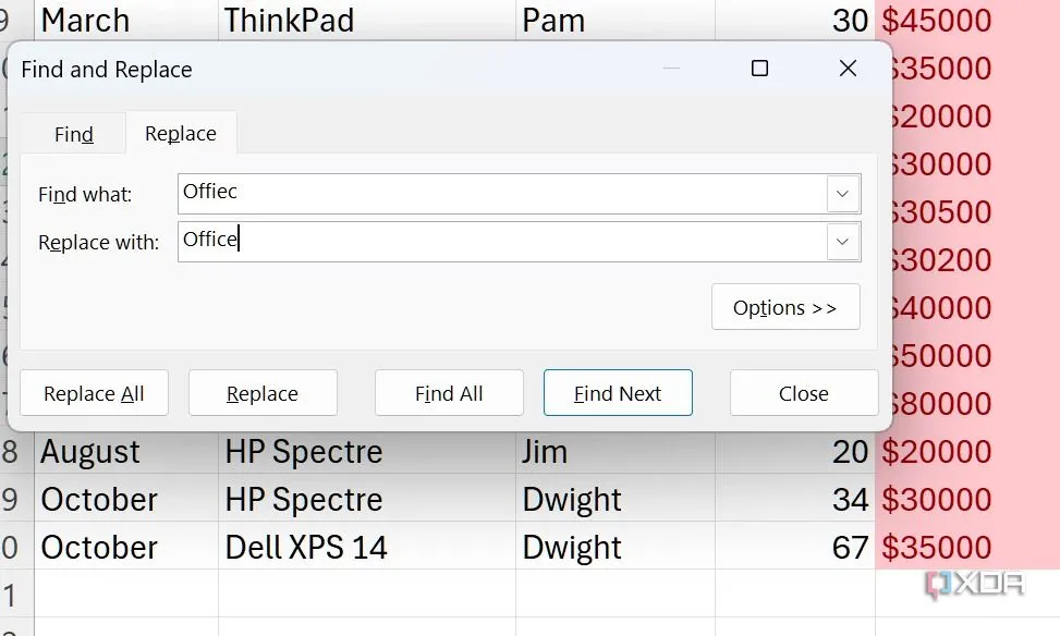 Hộp thoại Find and Replace (Tìm và Thay thế) trong Excel, nhập từ cần tìm và từ thay thế.